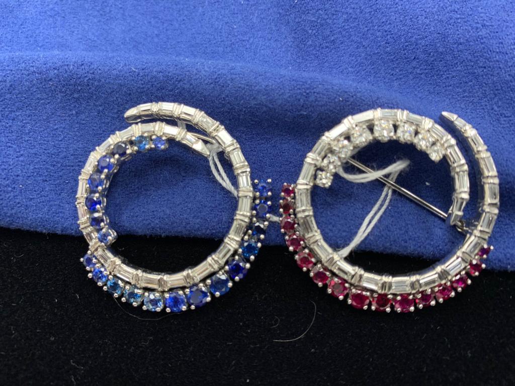 Women's Red White and Blue Platinum Brooch Made with Diamonds, Rubies and Sapphires