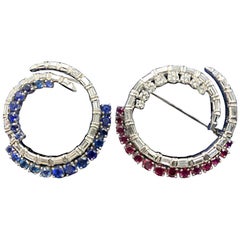 Red White and Blue Platinum Brooch Made with Diamonds, Rubies and Sapphires