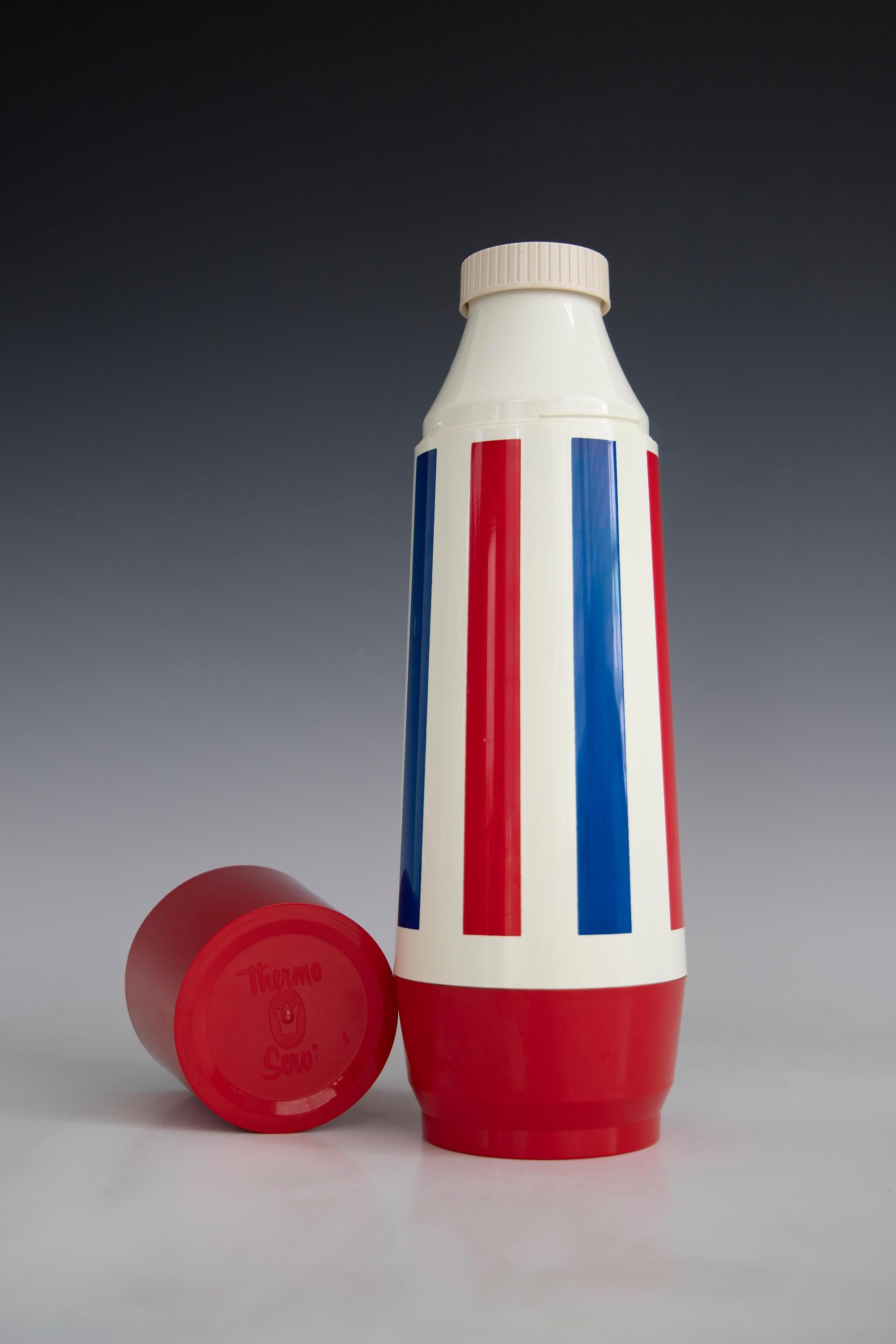 Patriotic themed red white blue Thermo serv Thermos. Really fine condition bright vivid colors.