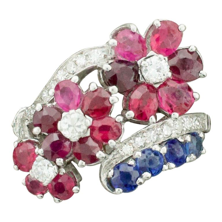Red, White and Blue Ruby, Sapphire and Diamond Ring in Platinum, circa 1940s