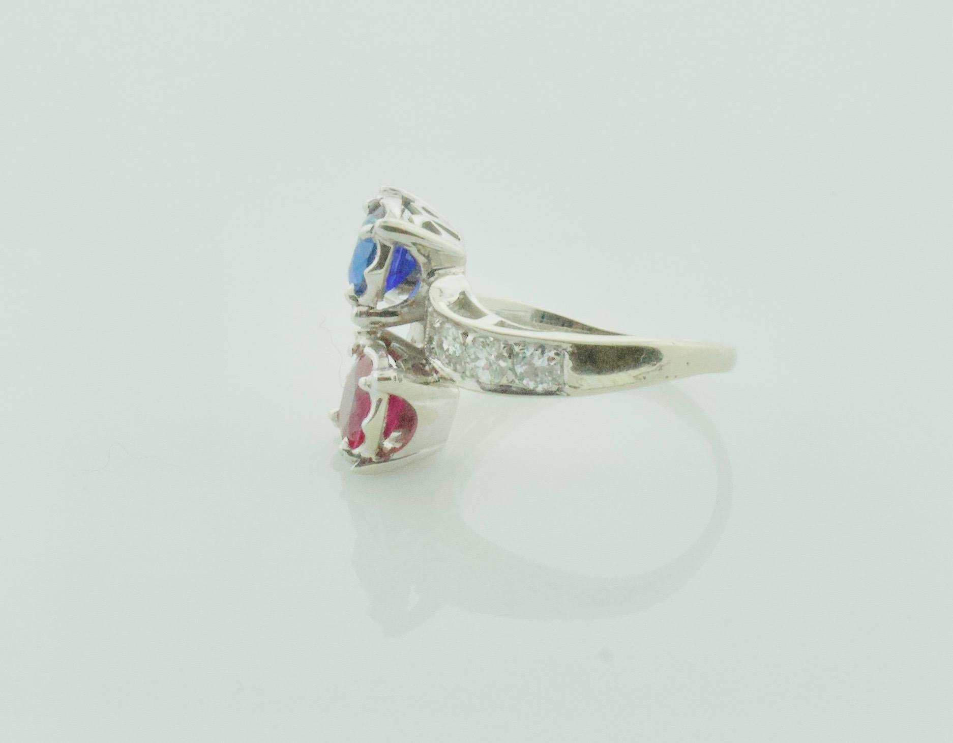 Old European Cut Red, White and Blue Sapphire, Ruby and Diamond Ring in White Gold, circa 1940s For Sale