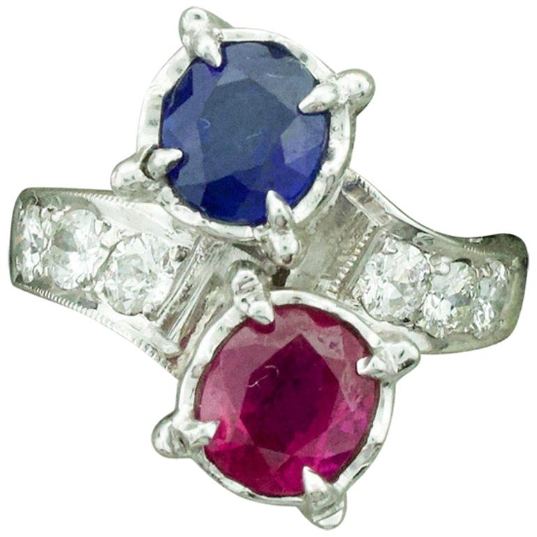 Red, White and Blue Sapphire, Ruby and Diamond Ring in White Gold, circa 1940s For Sale
