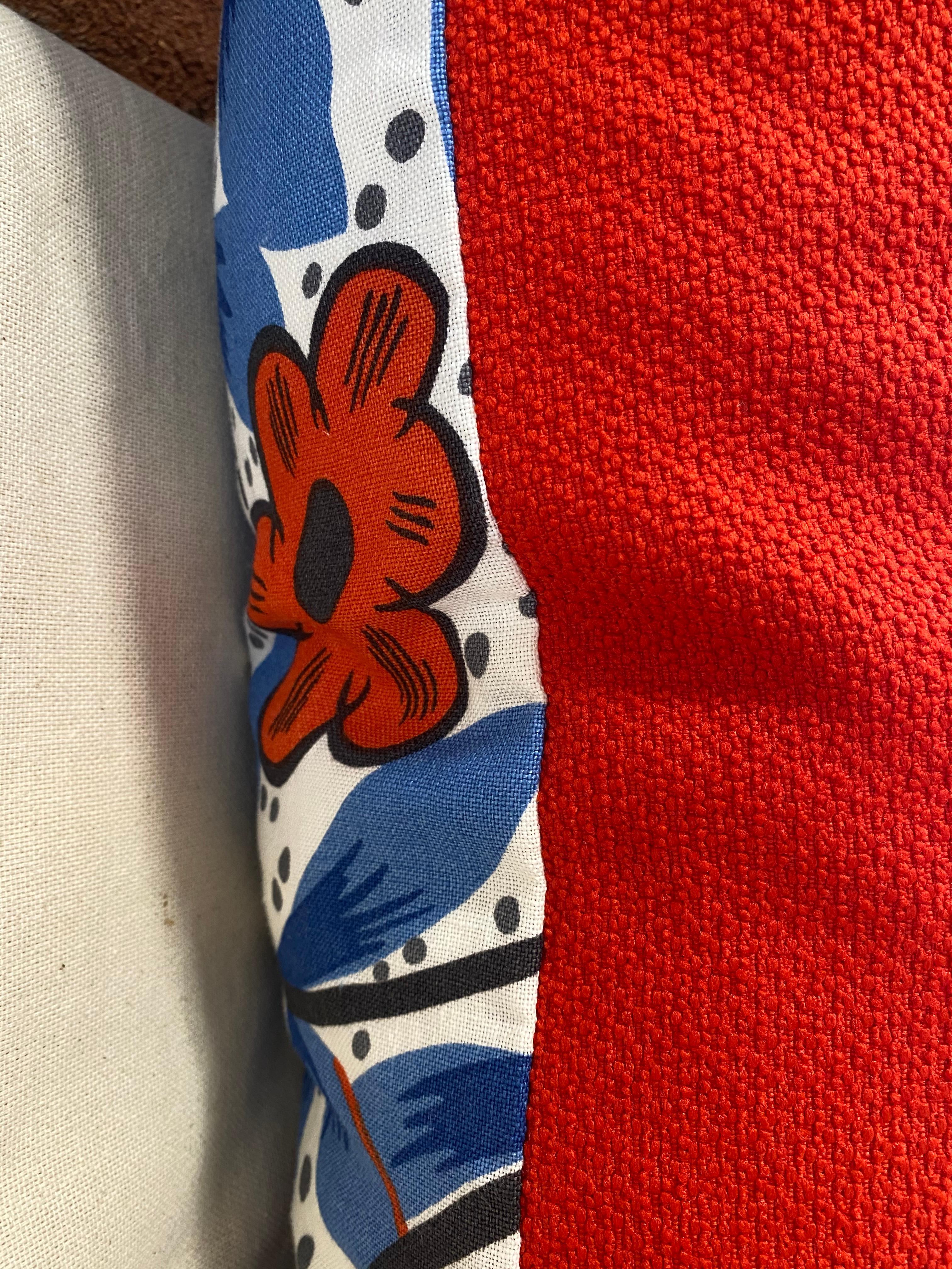 American Red White and Cobalt Blue Cotton Floral Print Mid Century Modern For Sale