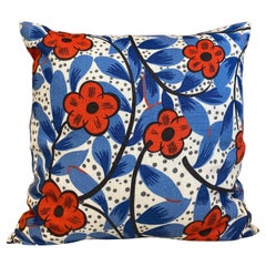 Red White and Cobalt Blue Cotton Floral Print Mid Century Modern