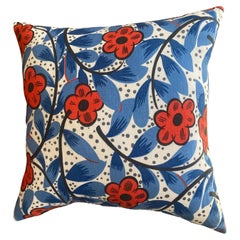 Red White and Cobalt Blue Cotton Floral Print Mid Century Modern