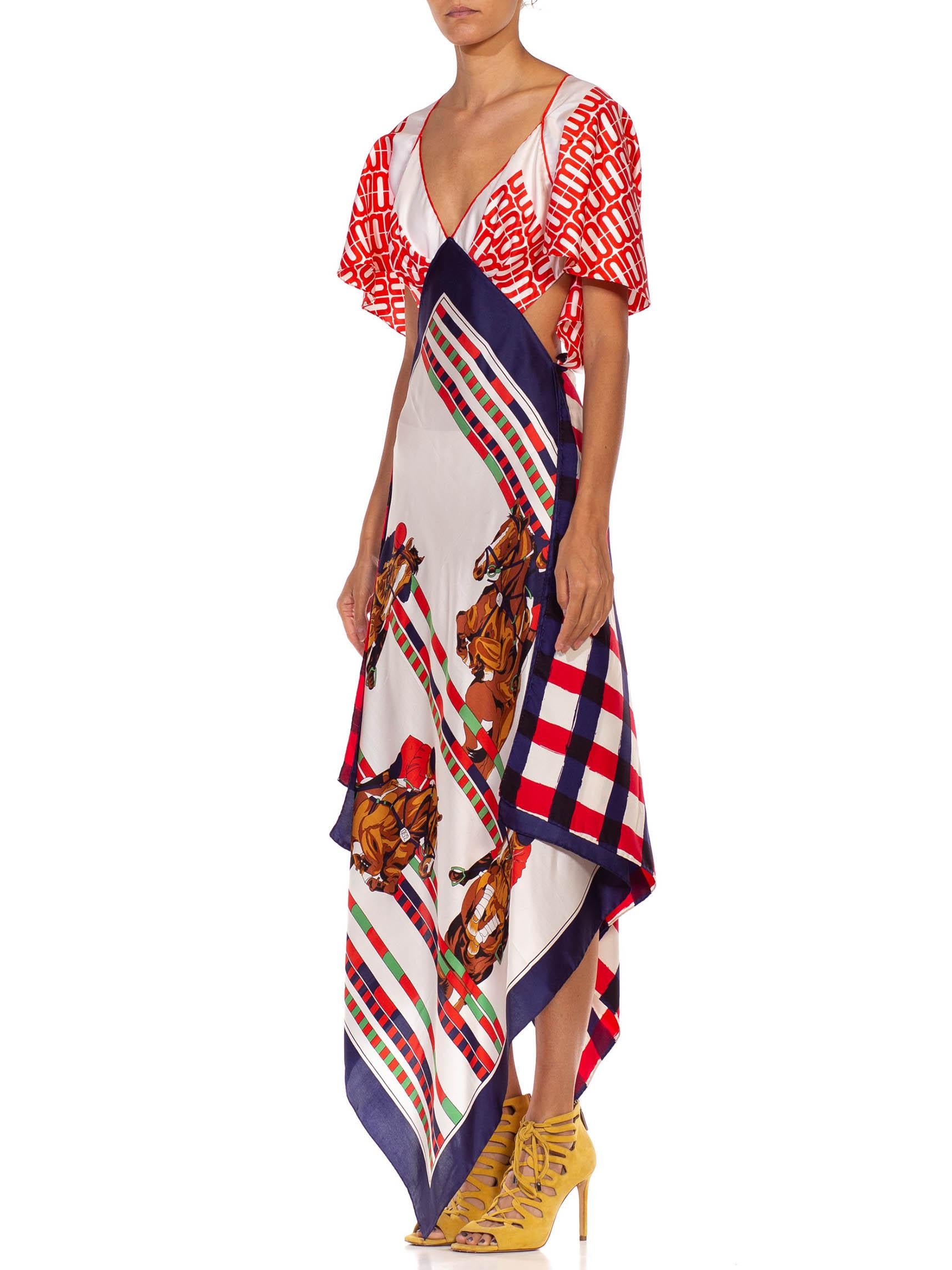 Red White & Blue Bias Cut Silk Twill Two-Scarf Equestrian Print Dress In Excellent Condition In New York, NY
