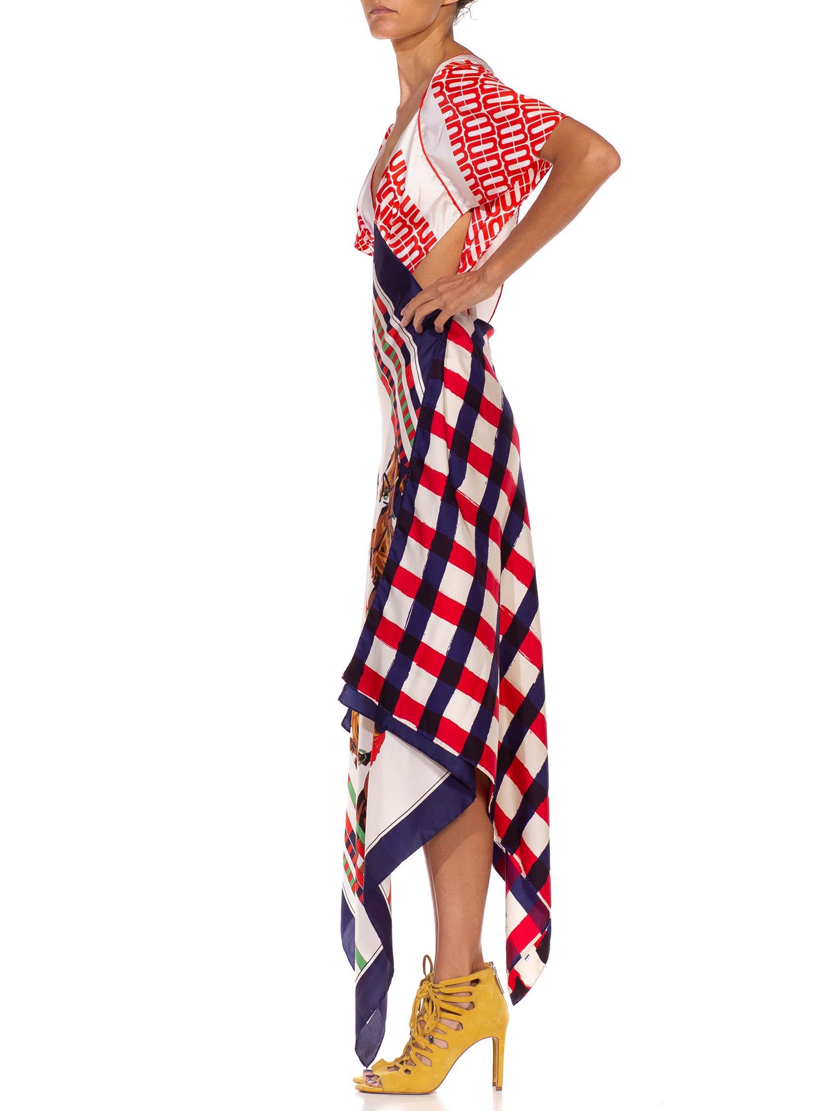 Women's Red White & Blue Bias Cut Silk Twill Two-Scarf Equestrian Print Dress