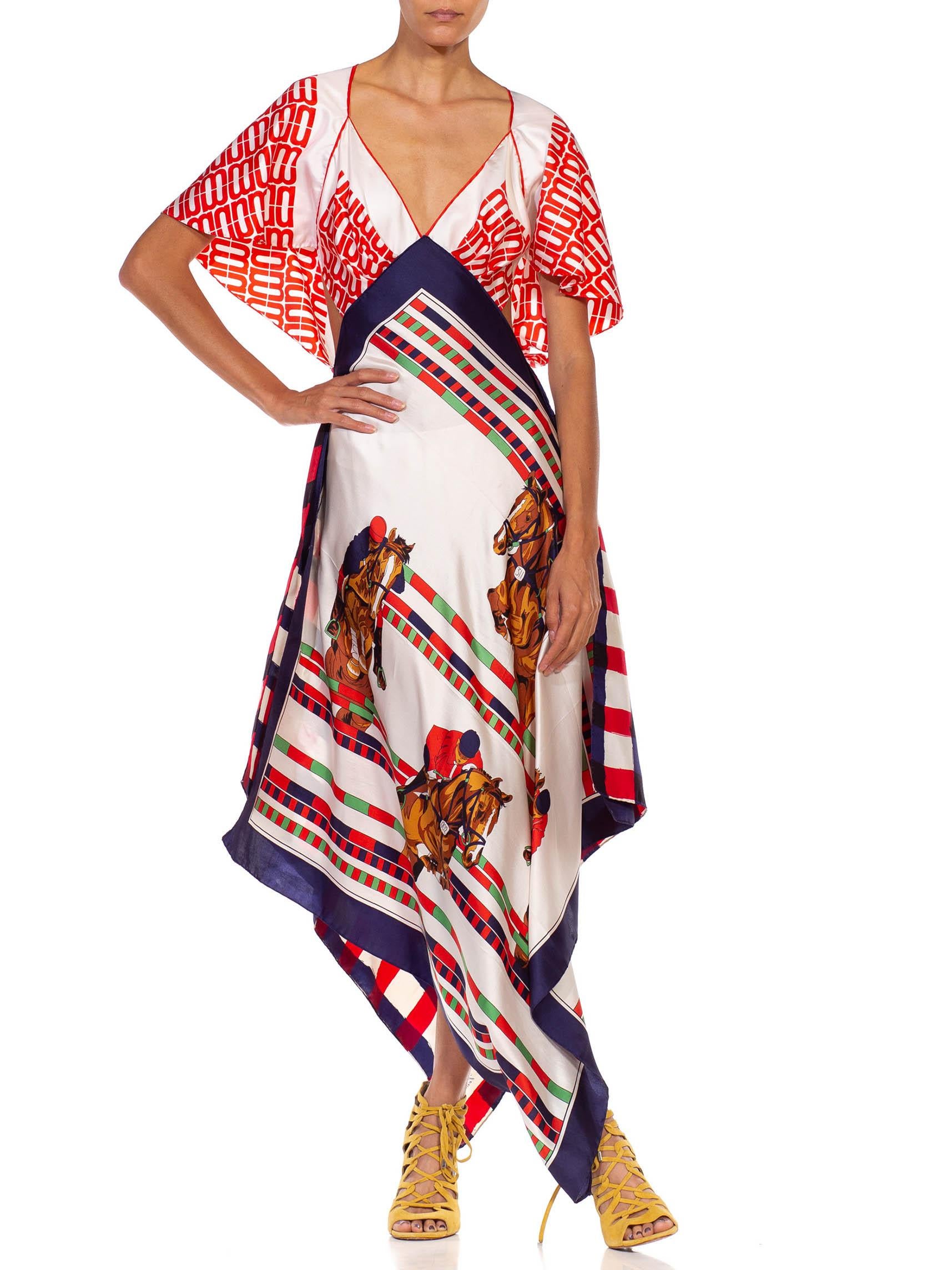 Red White & Blue Bias Cut Silk Twill Two-Scarf Equestrian Print Dress 1