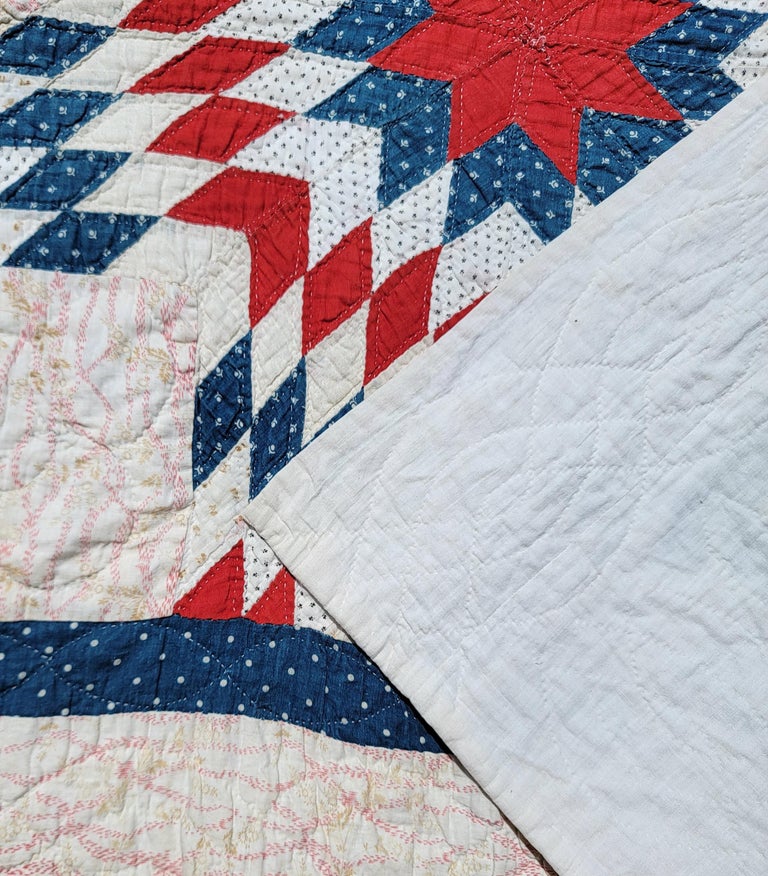Late 19th Century Red White & Blue Contained Center Star Crib Quilt For Sale