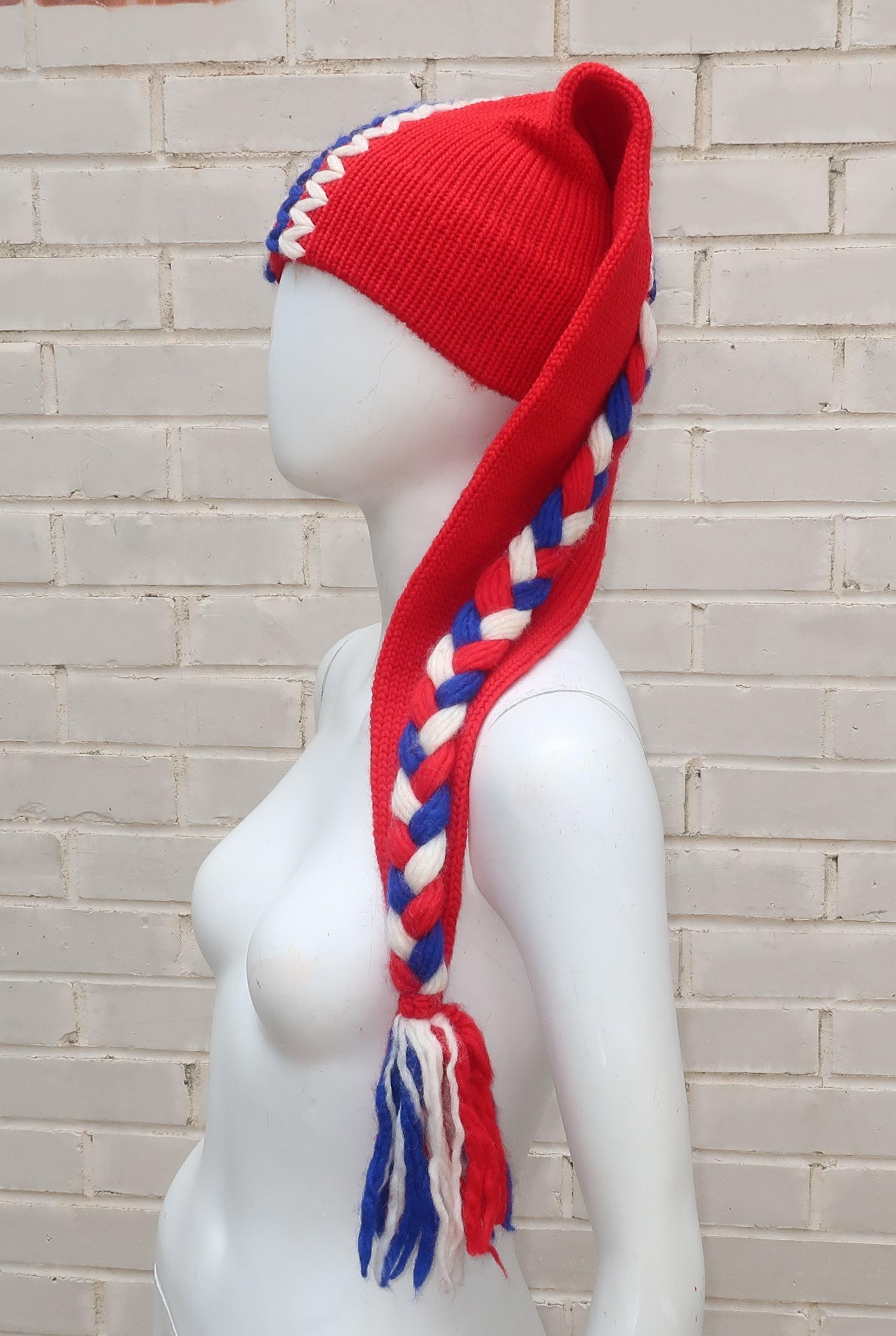 Adorable extra long stocking hat in red, white and blue wool with a braided accent and yarn tassel.  This topper is from the estate of a fashionable lady who started her career as a flight attendant in the 1950’s and spent her days off hitting the