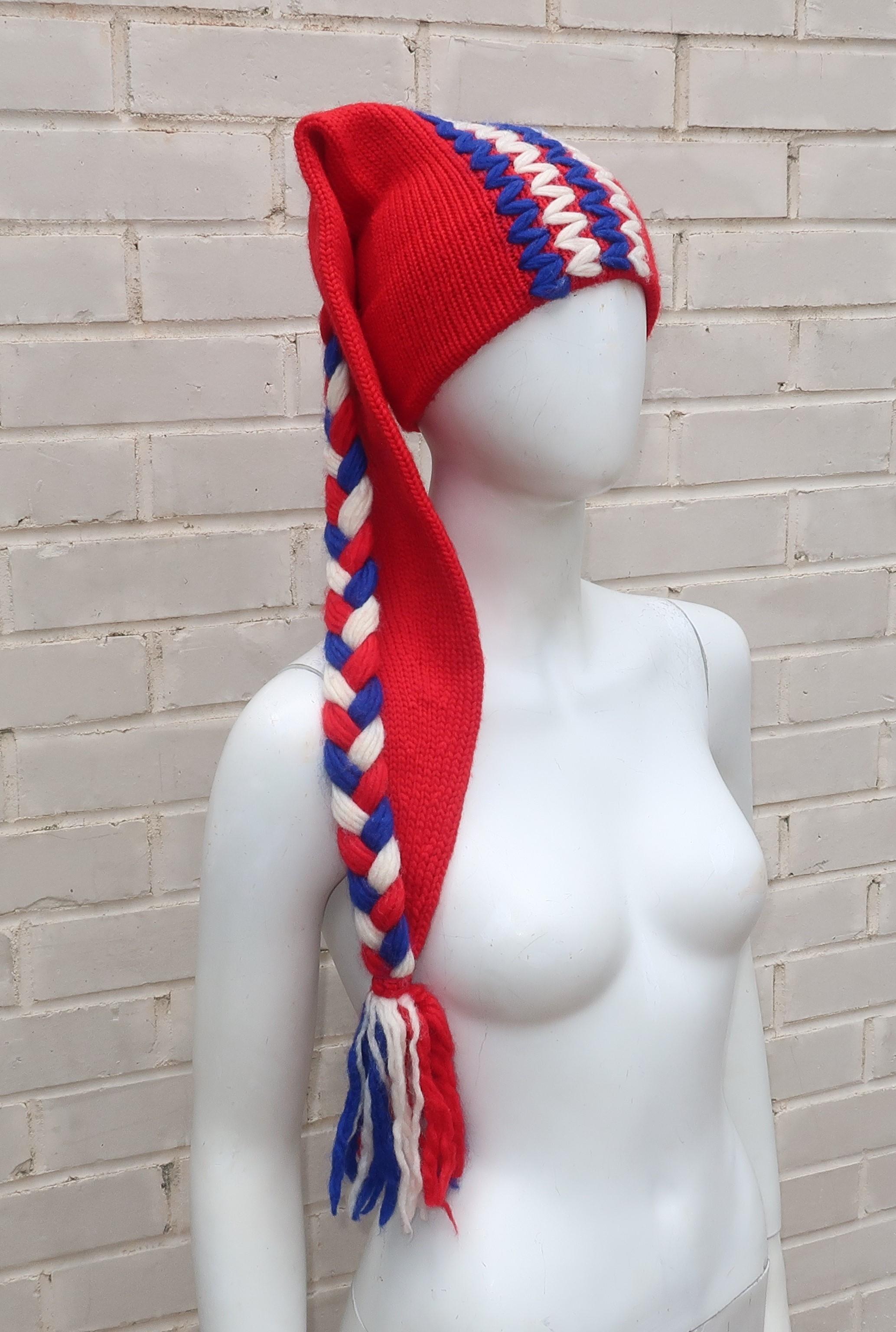 Women's Red, White, Blue Wool Knit Extra Long Stocking Hat, C.1970