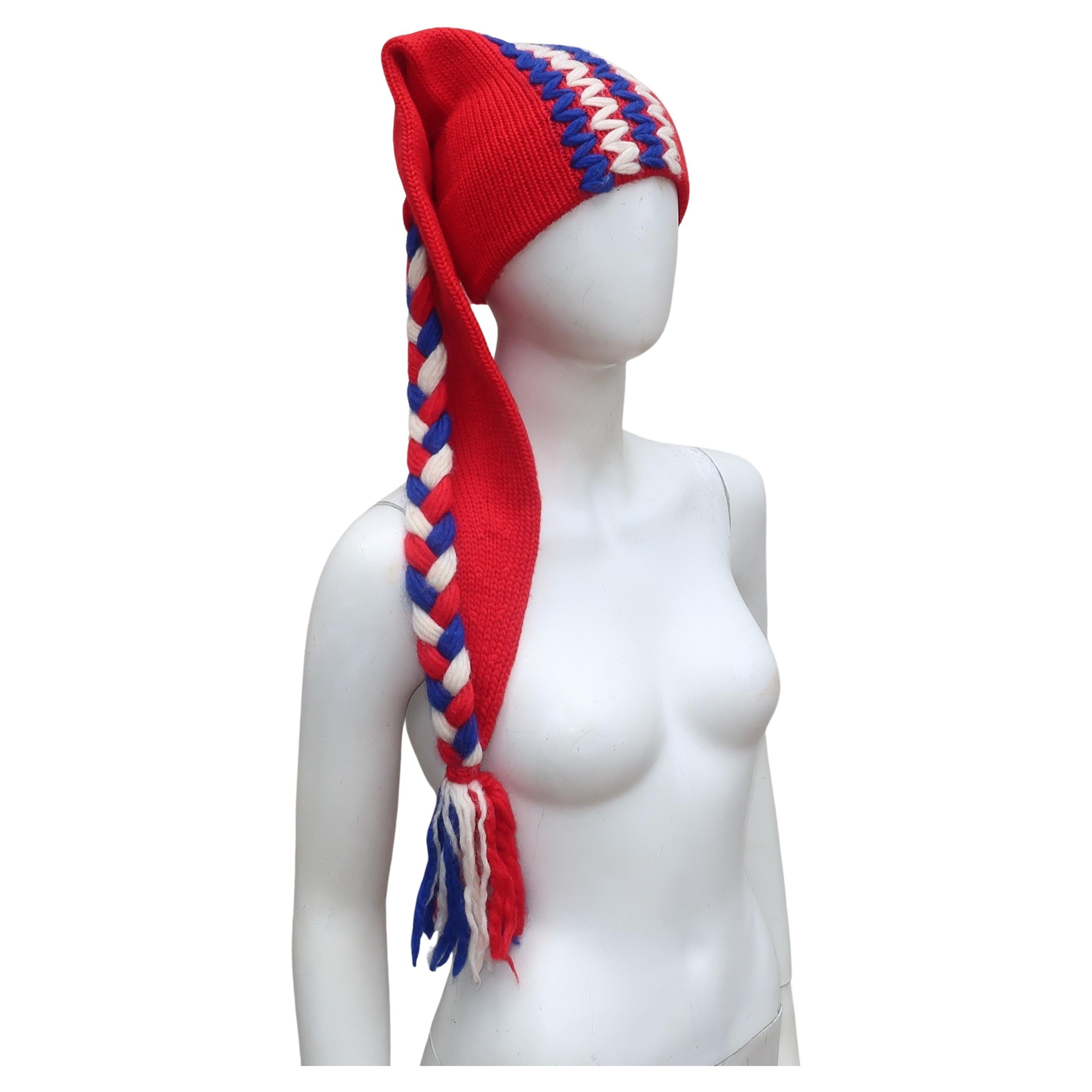 Red, White, Blue Wool Knit Extra Long Stocking Hat, C.1970