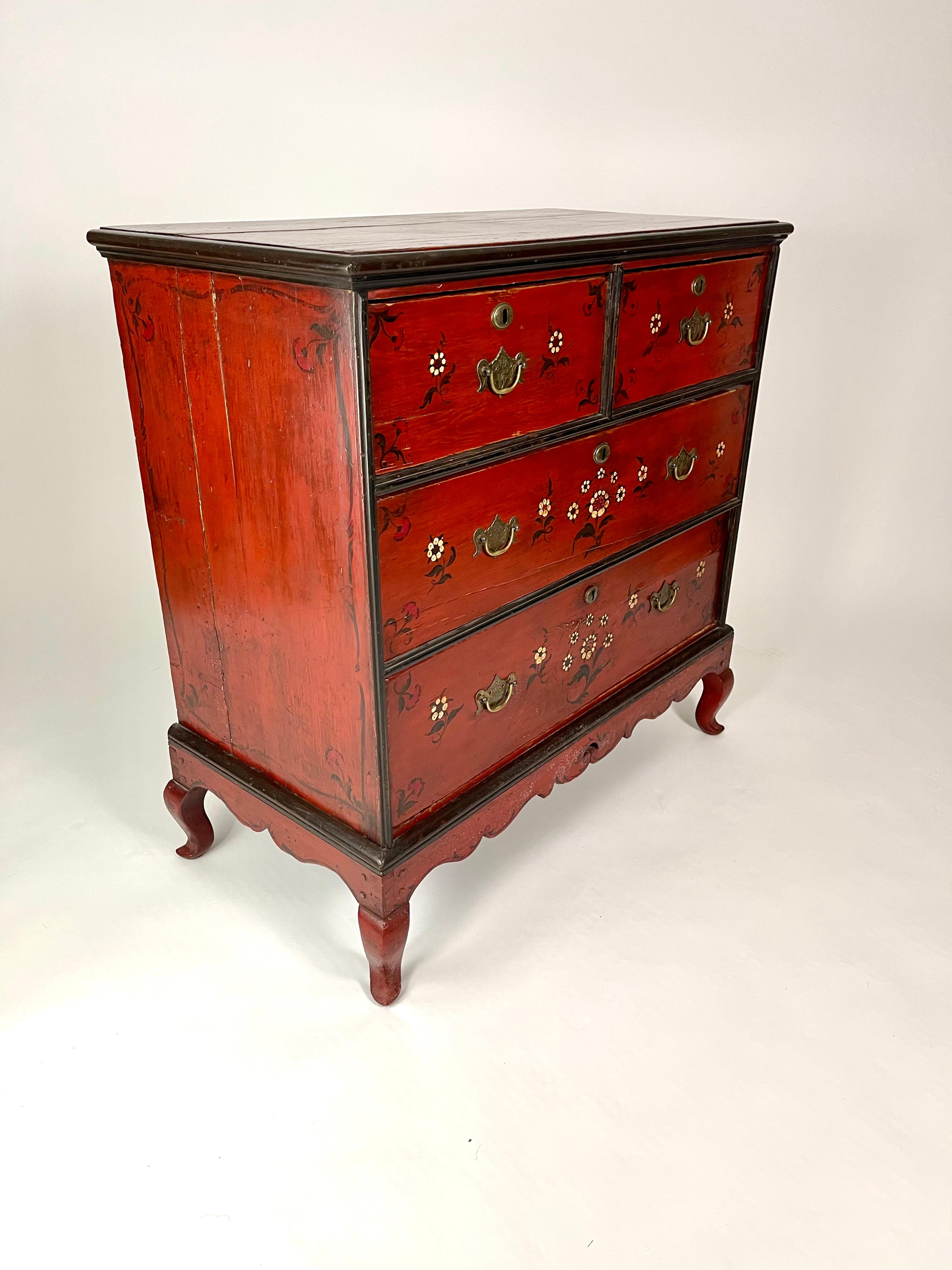 English Red, White Cream and Black Floral Painted Queen Anne Style Chest of Drawers