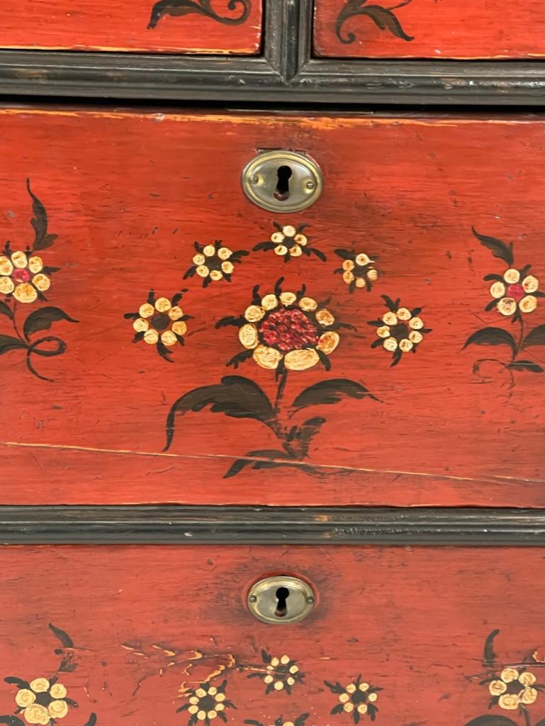 Hand-Carved Red, White Cream and Black Floral Painted Queen Anne Style Chest of Drawers