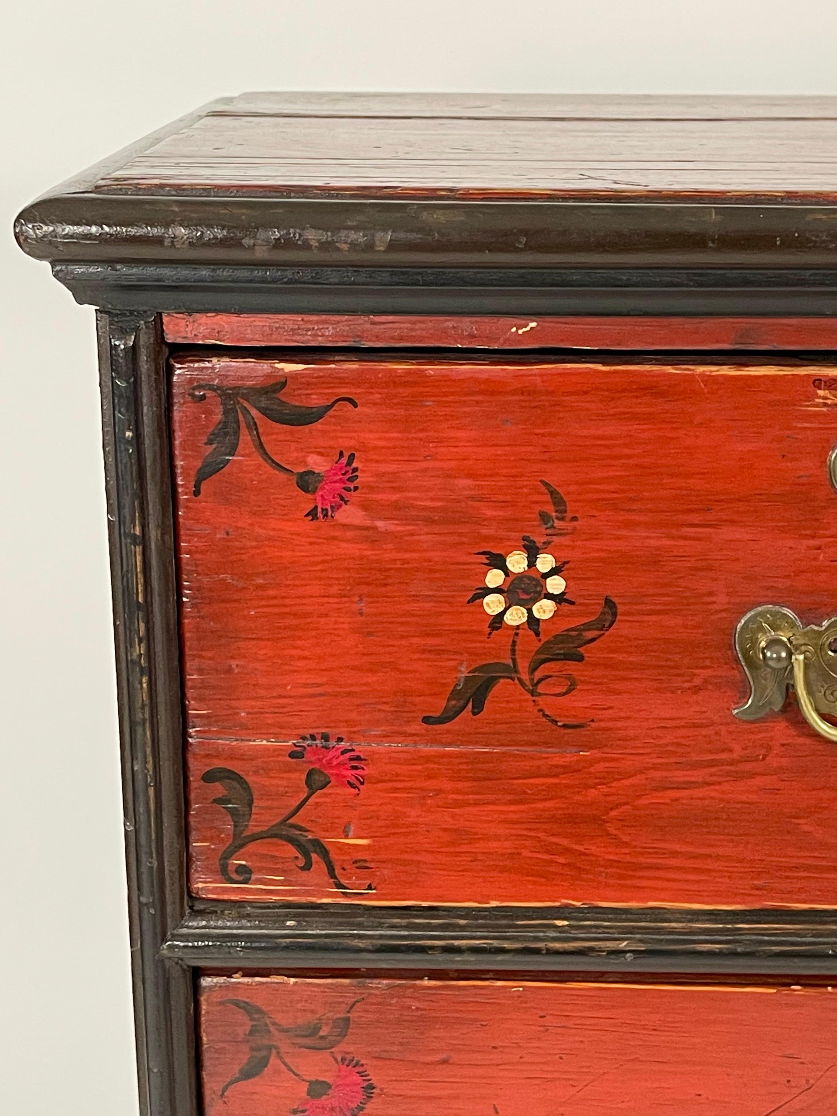Red, White Cream and Black Floral Painted Queen Anne Style Chest of Drawers In Good Condition In Essex, MA