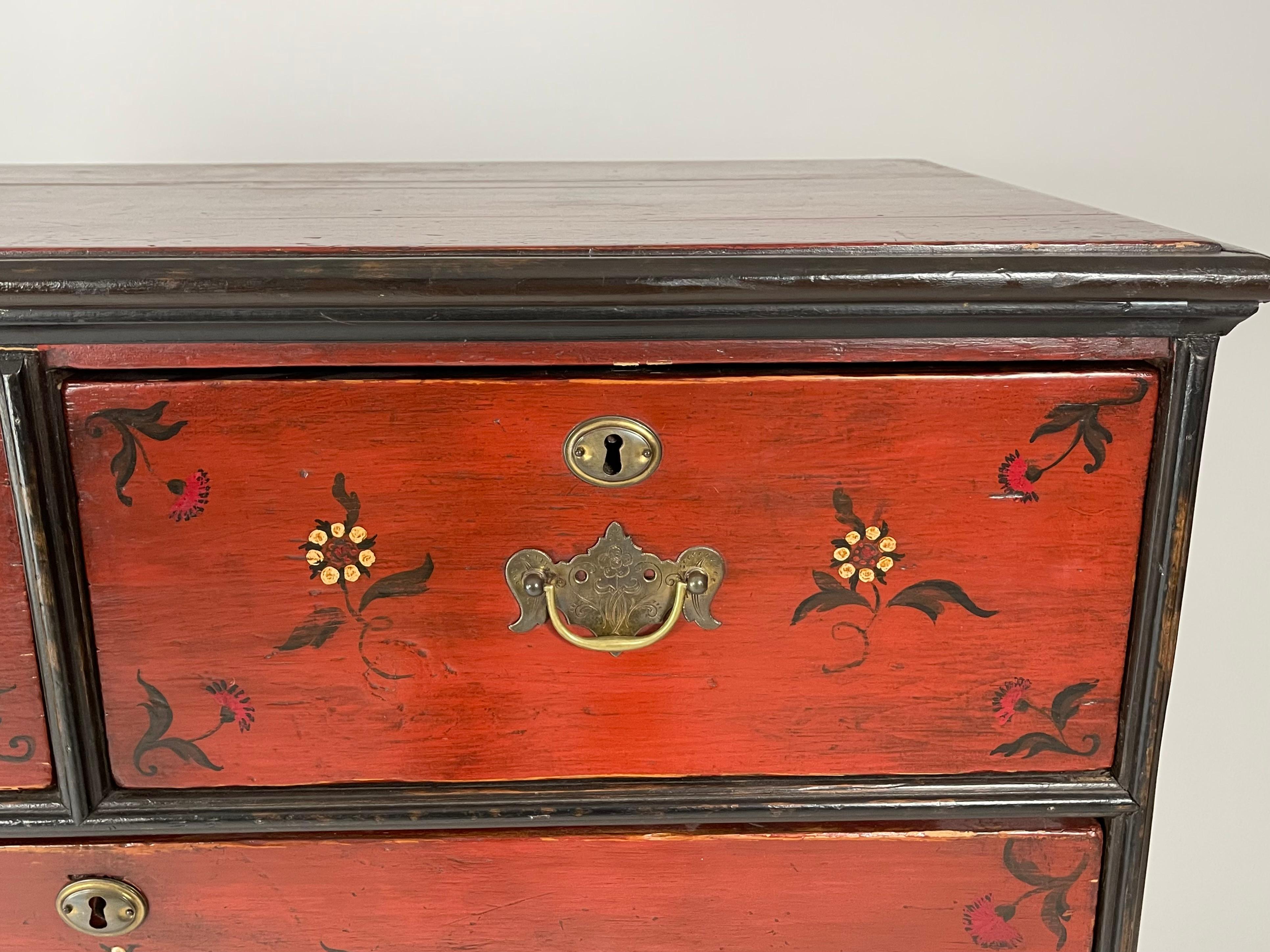 Mid-19th Century Red, White Cream and Black Floral Painted Queen Anne Style Chest of Drawers