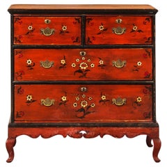 Red, White Cream and Black Floral Painted Queen Anne Style Chest of Drawers