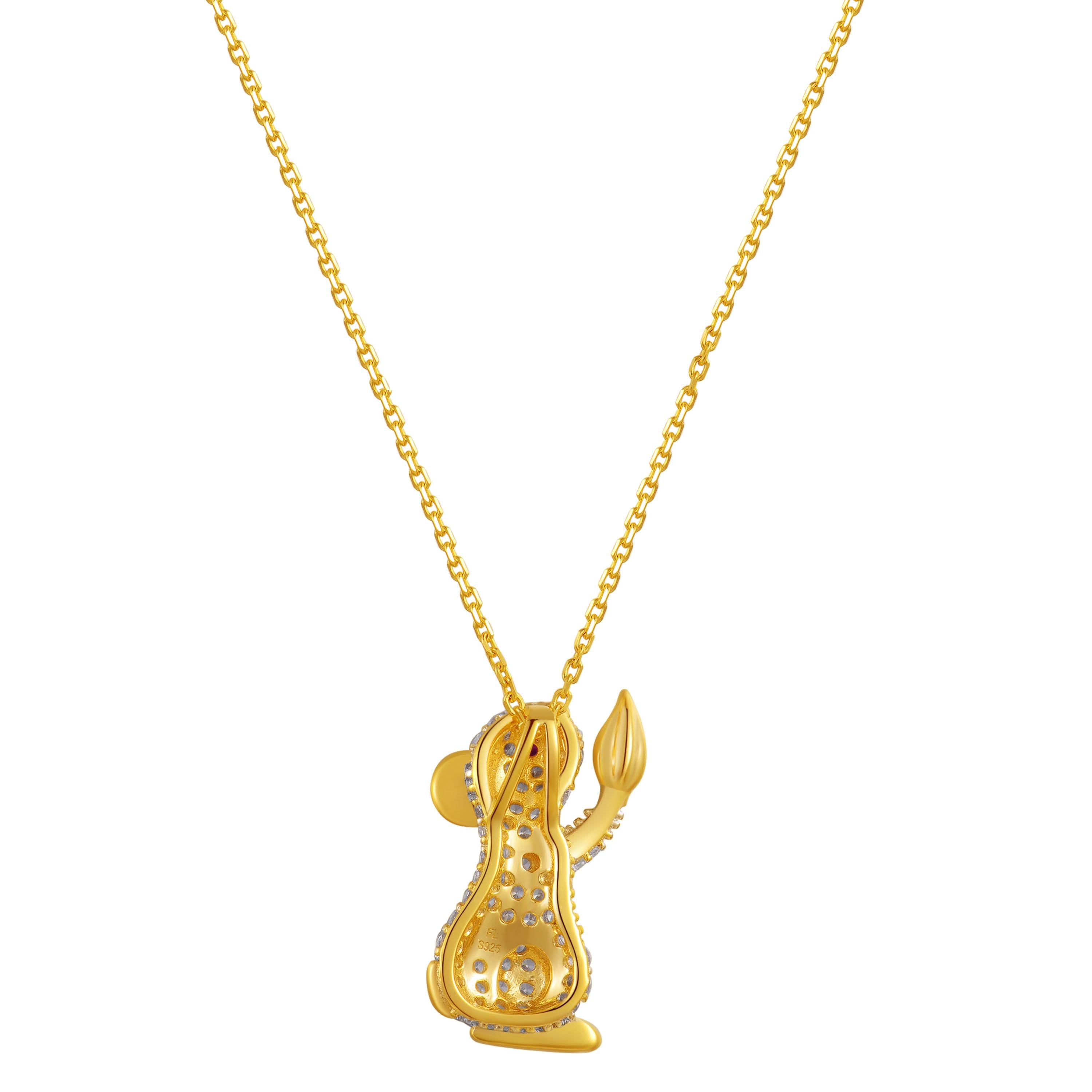 Description:
Rat pendant encrusted with white cubic zirconia and red cubic zirconia eye, set in yellow gold plate on sterling silver. Chain length is 16 inches + 2-inch extension.

*All our cubic zirconia are 8 hearts and 8 arrows cut. This means