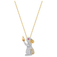 Red White Cubic Zirconia Gold Plated Sterling Silver Mouse Pendant Necklace
