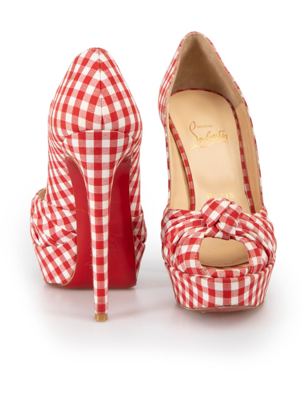 Christian Louboutin Red & White Greissimo 140 Gingham Platform Heels Size IT 36 In Good Condition In London, GB