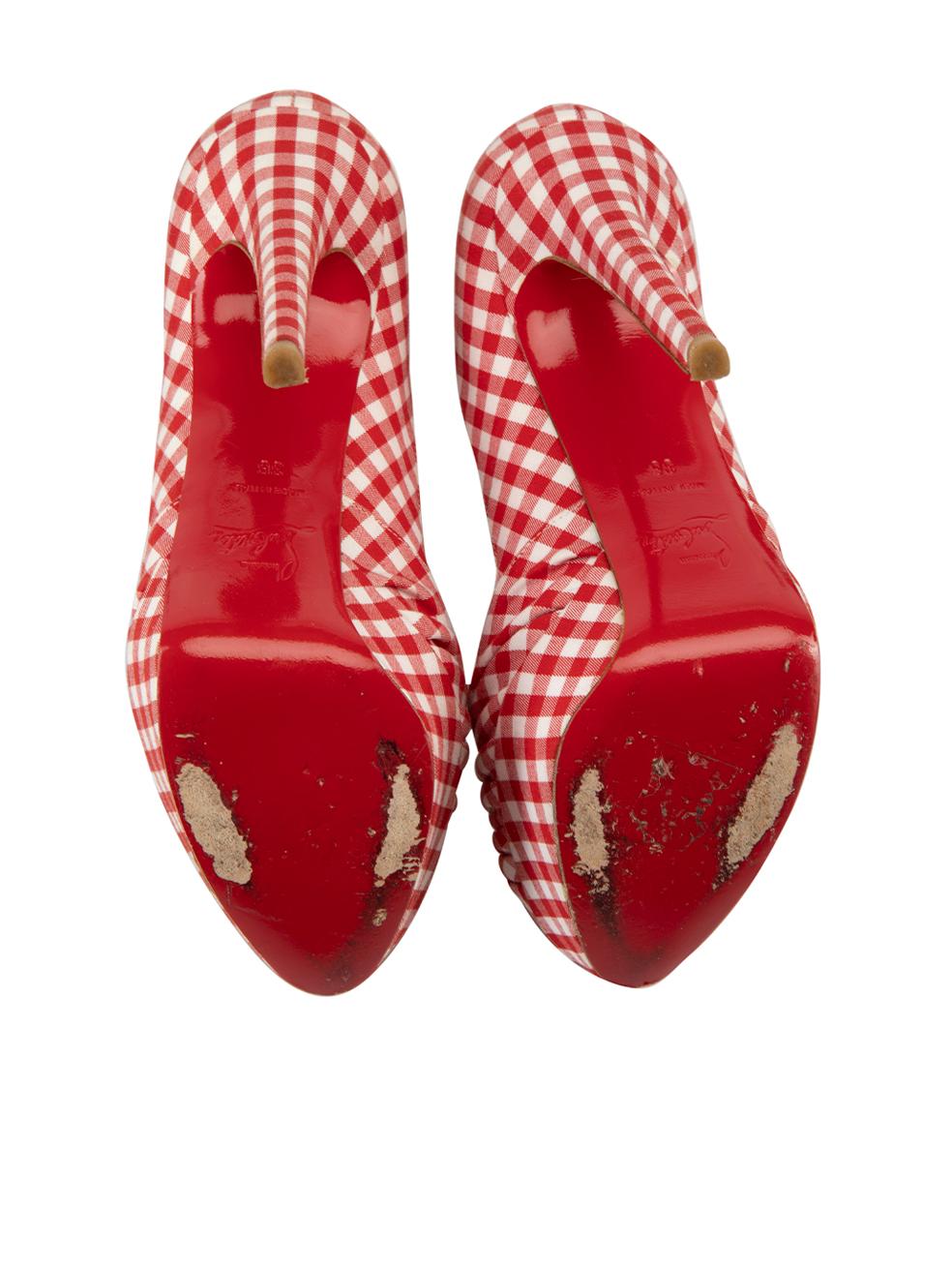 Women's Christian Louboutin Red & White Greissimo 140 Gingham Platform Heels Size IT 36