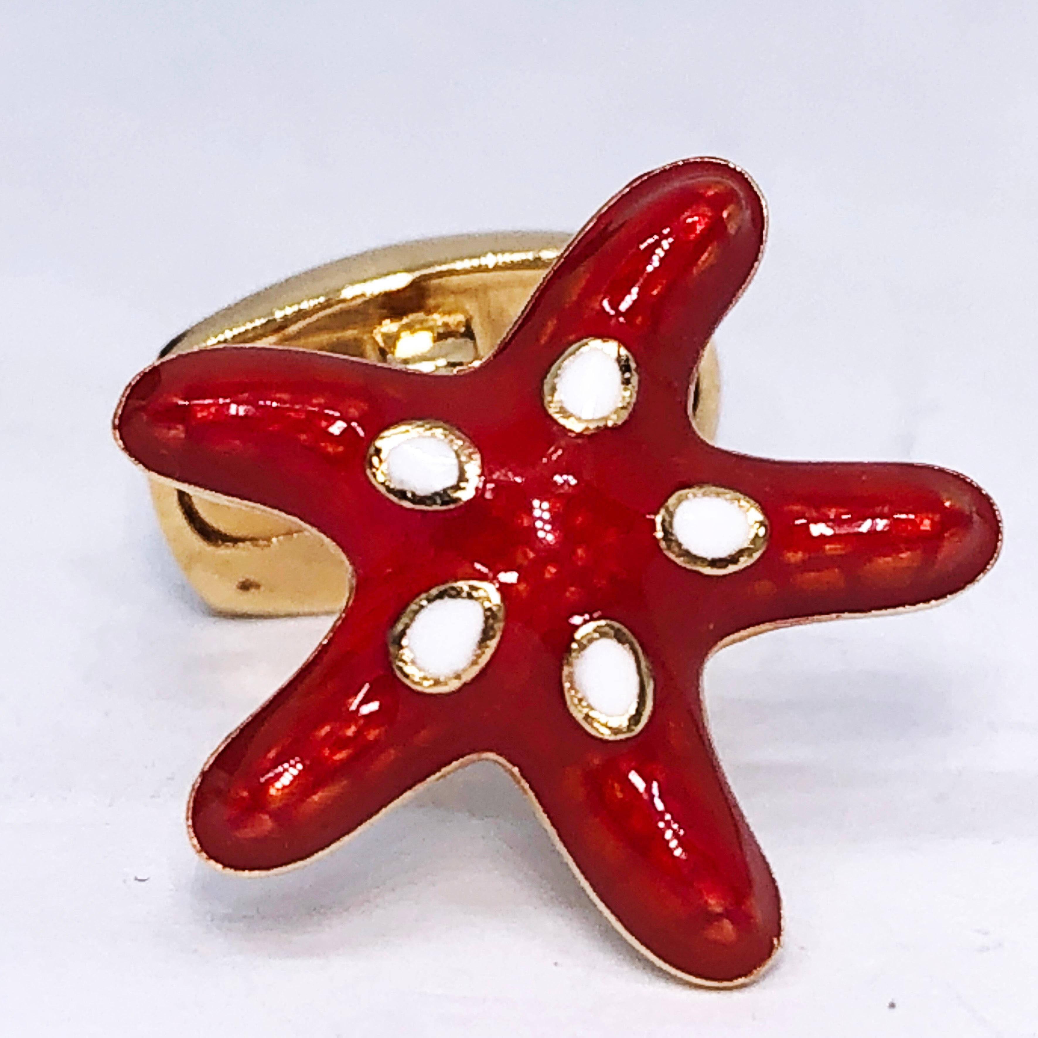 Unique and Chic Red and White Spotted Hand Enamelled Little Starfish Shaped T-Bar Back, Sterling Silver Gold-Plated Cufflinks.
In our smart black box.