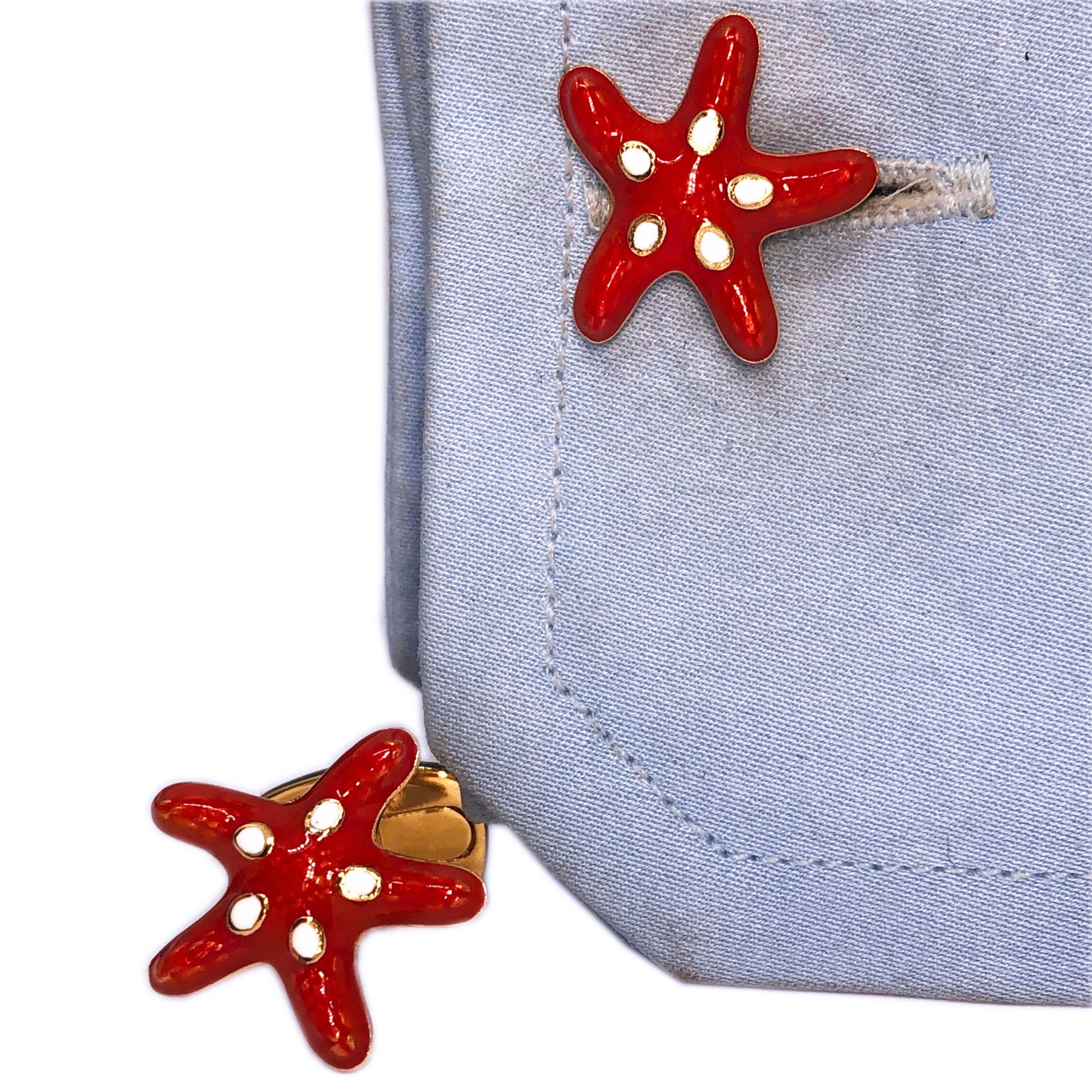 Contemporary Red White Hand Enameled Starfish Shaped Sterling Silver Gold-Plated Cufflinks