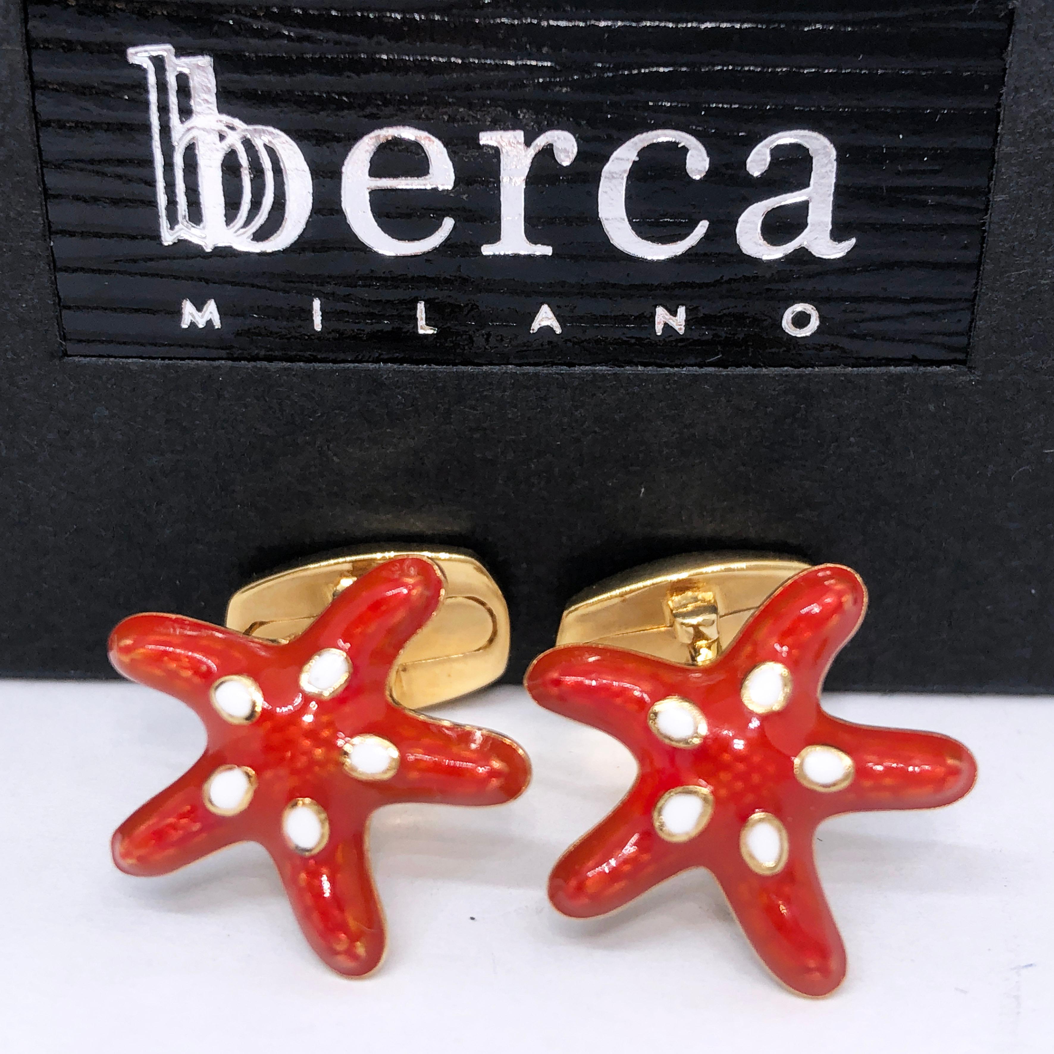 Red White Hand Enameled Starfish Shaped Sterling Silver Gold-Plated Cufflinks In New Condition In Valenza, IT