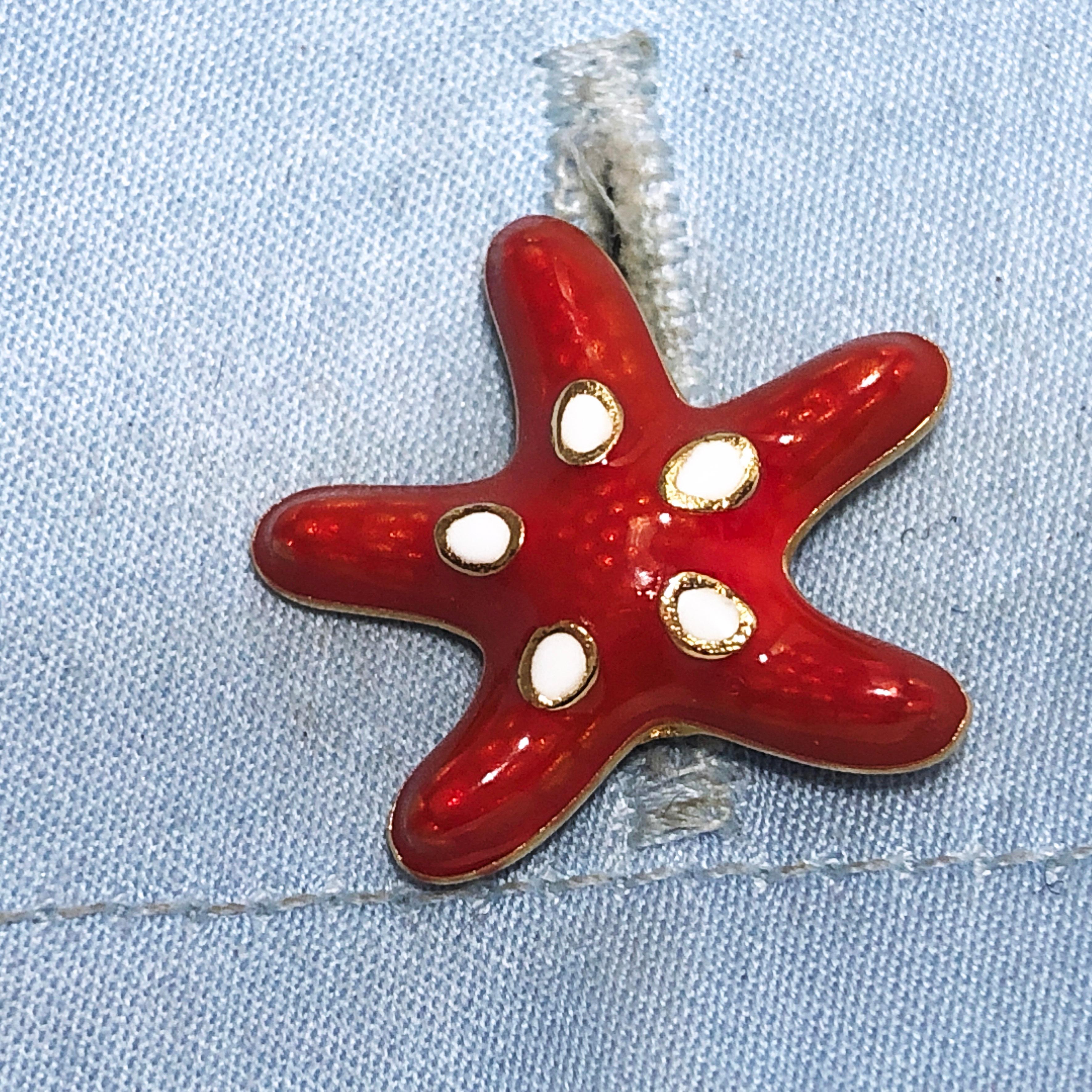 Men's Red White Hand Enameled Starfish Shaped Sterling Silver Gold-Plated Cufflinks