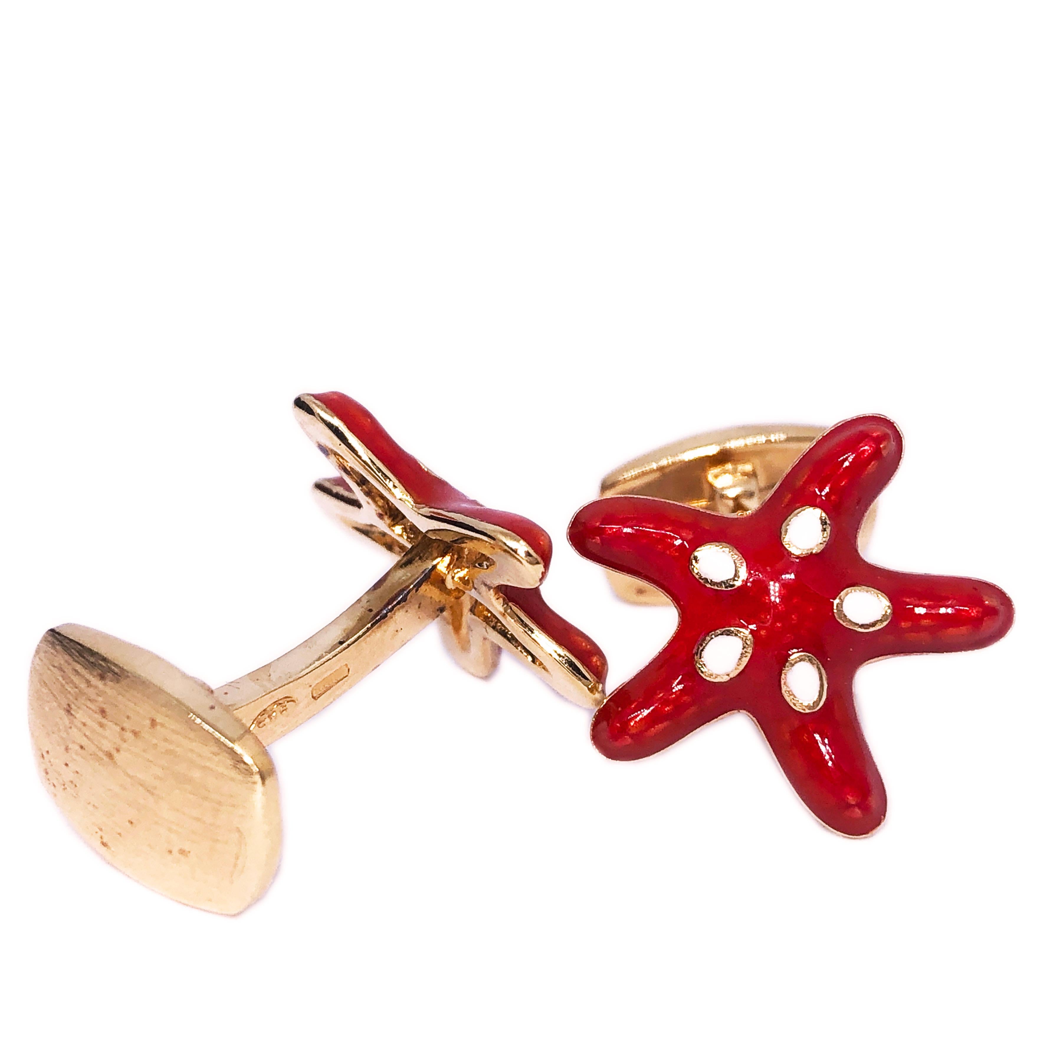 Red White Hand Enameled Starfish Shaped Sterling Silver Gold-Plated Cufflinks 1