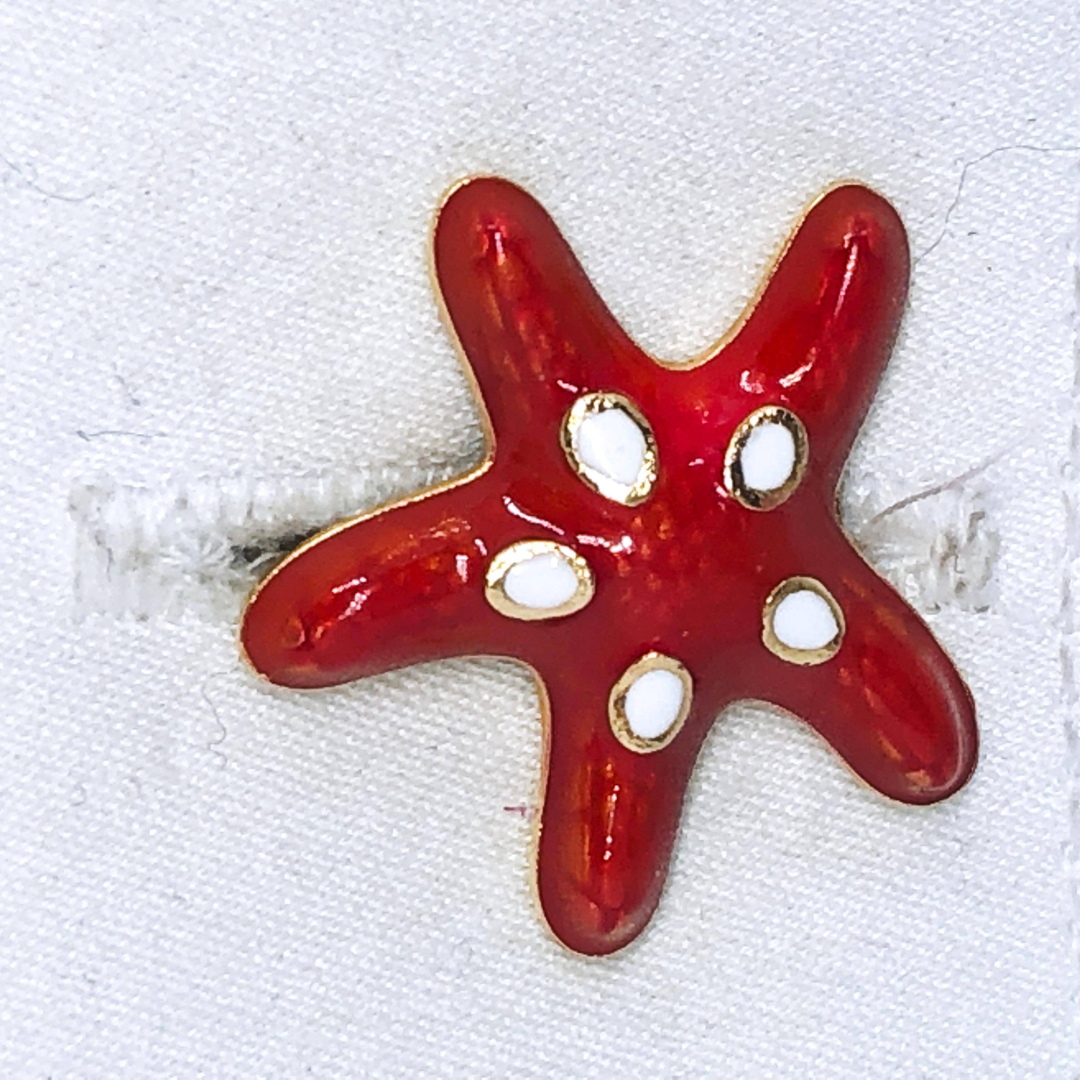 Red White Hand Enameled Starfish Shaped Sterling Silver Gold-Plated Cufflinks 2