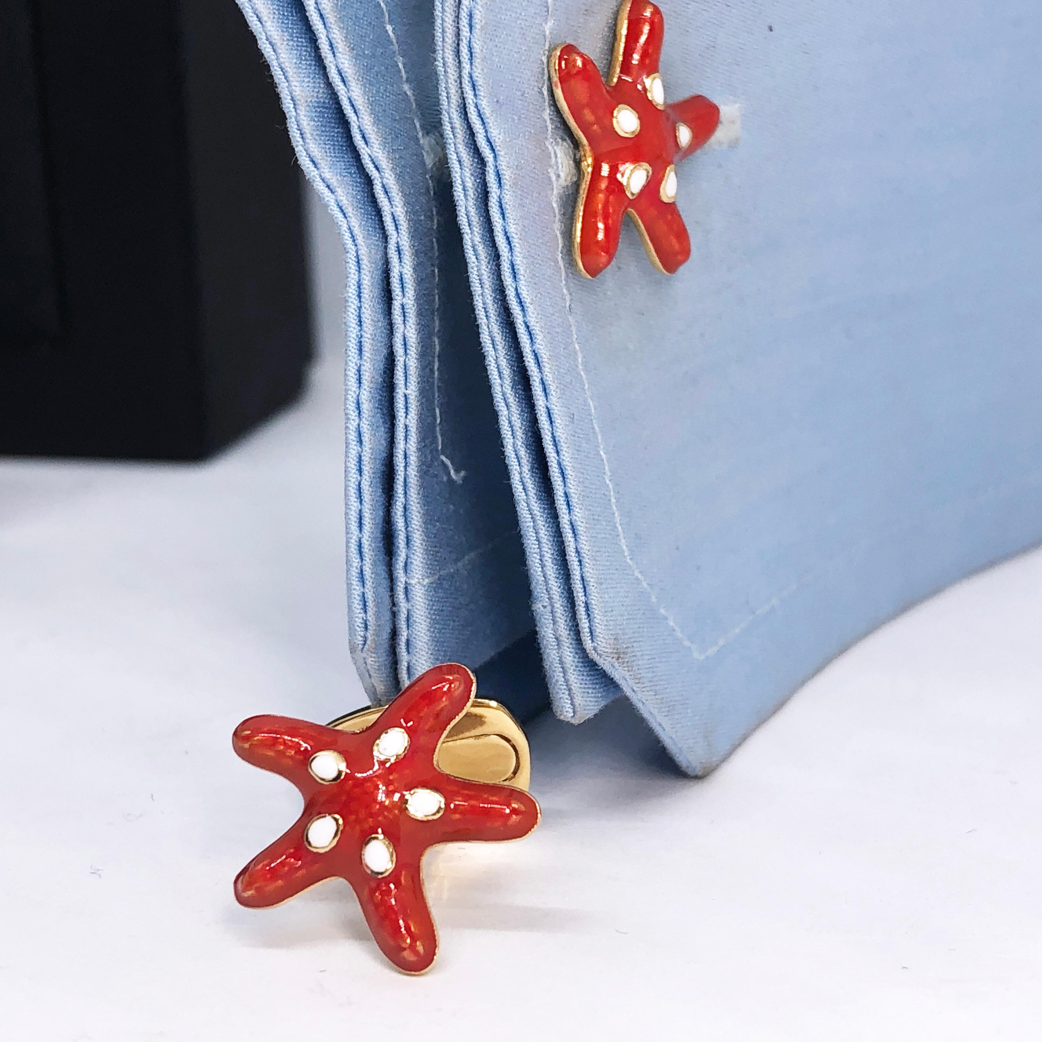 Red White Hand Enameled Starfish Shaped Sterling Silver Gold-Plated Cufflinks 4