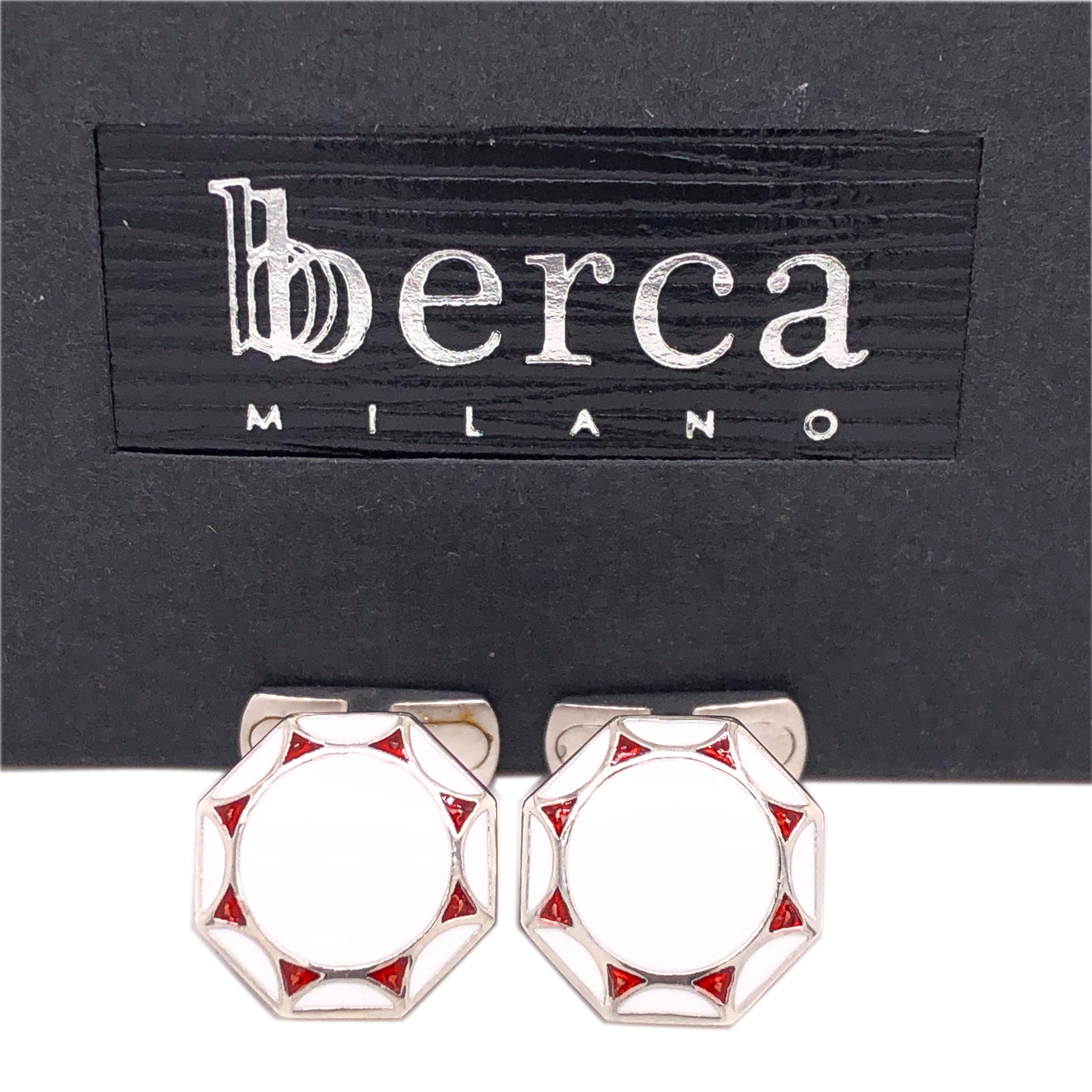 Chic yet Timeless Octagonal White and Red Hand Enamelled Sterling Silver Cufflinks, T-bar back.
In our Smart Black Box and Pouch.

Front Diameter about 0.55 inches.