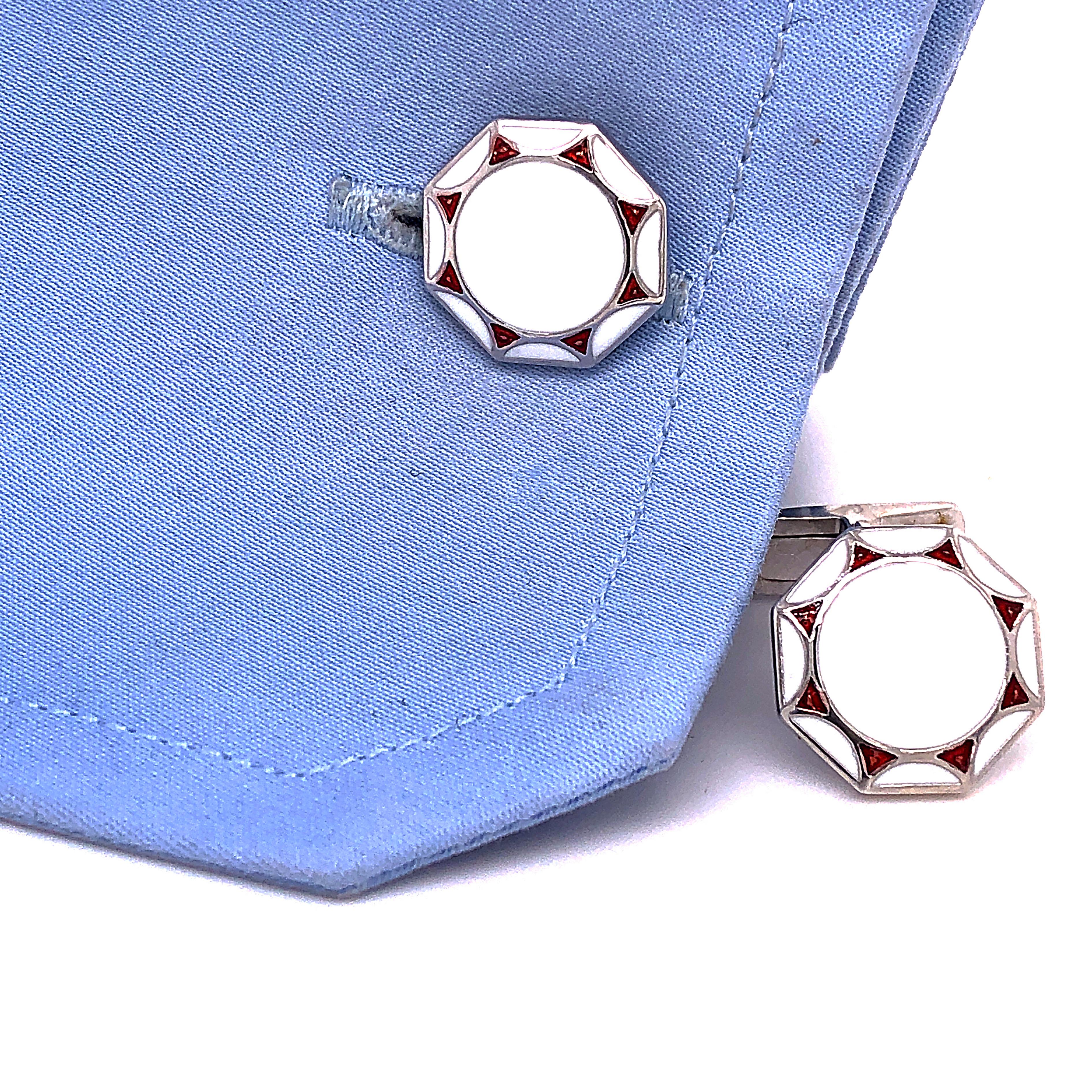 Contemporary Berca Red White Hand Enameled Sterling Silver T-Bar Back Cufflinks