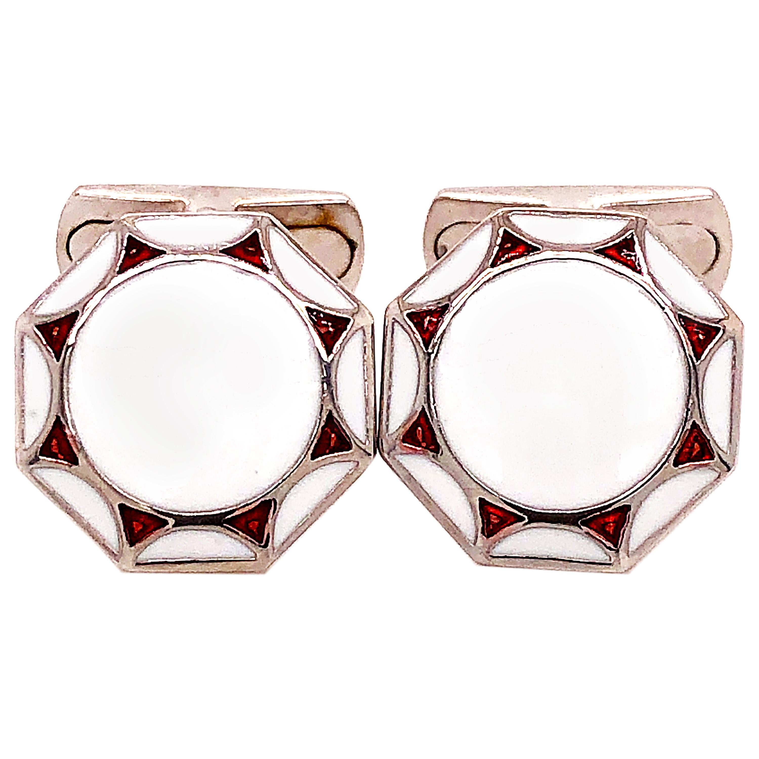 Berca Red White Hand Enameled Sterling Silver T-Bar Back Cufflinks