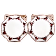 Berca Red White Hand Enameled Sterling Silver T-Bar Back Cufflinks