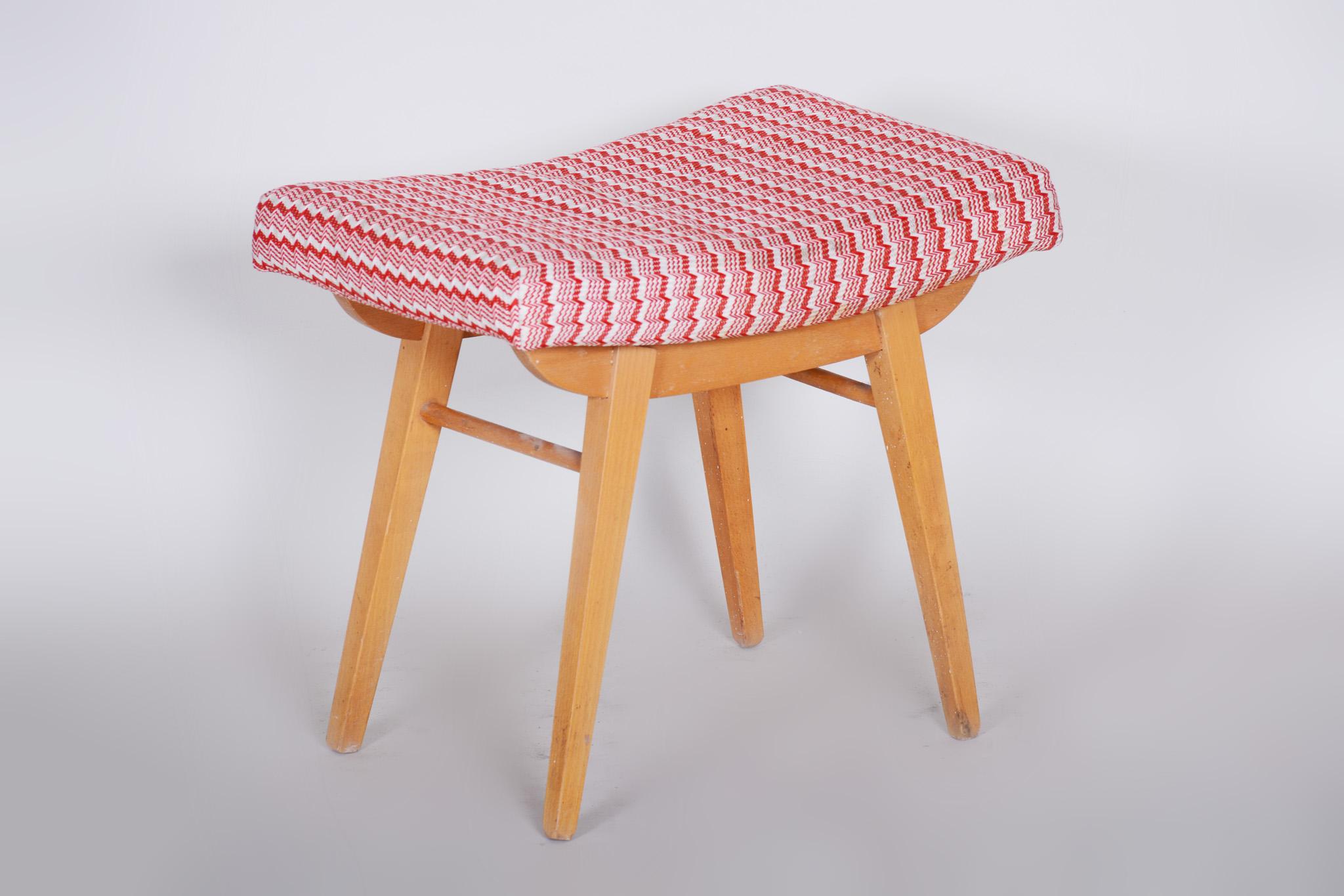 Czech Red and White Midcentury Beech Stool, 1960s, Original Preserved Condition For Sale