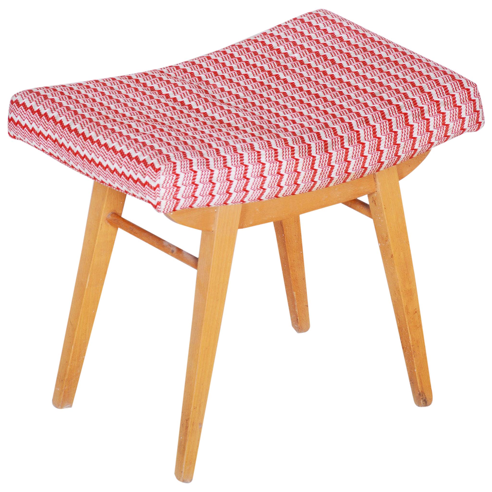 Red and White Midcentury Beech Stool, 1960s, Original Preserved Condition For Sale