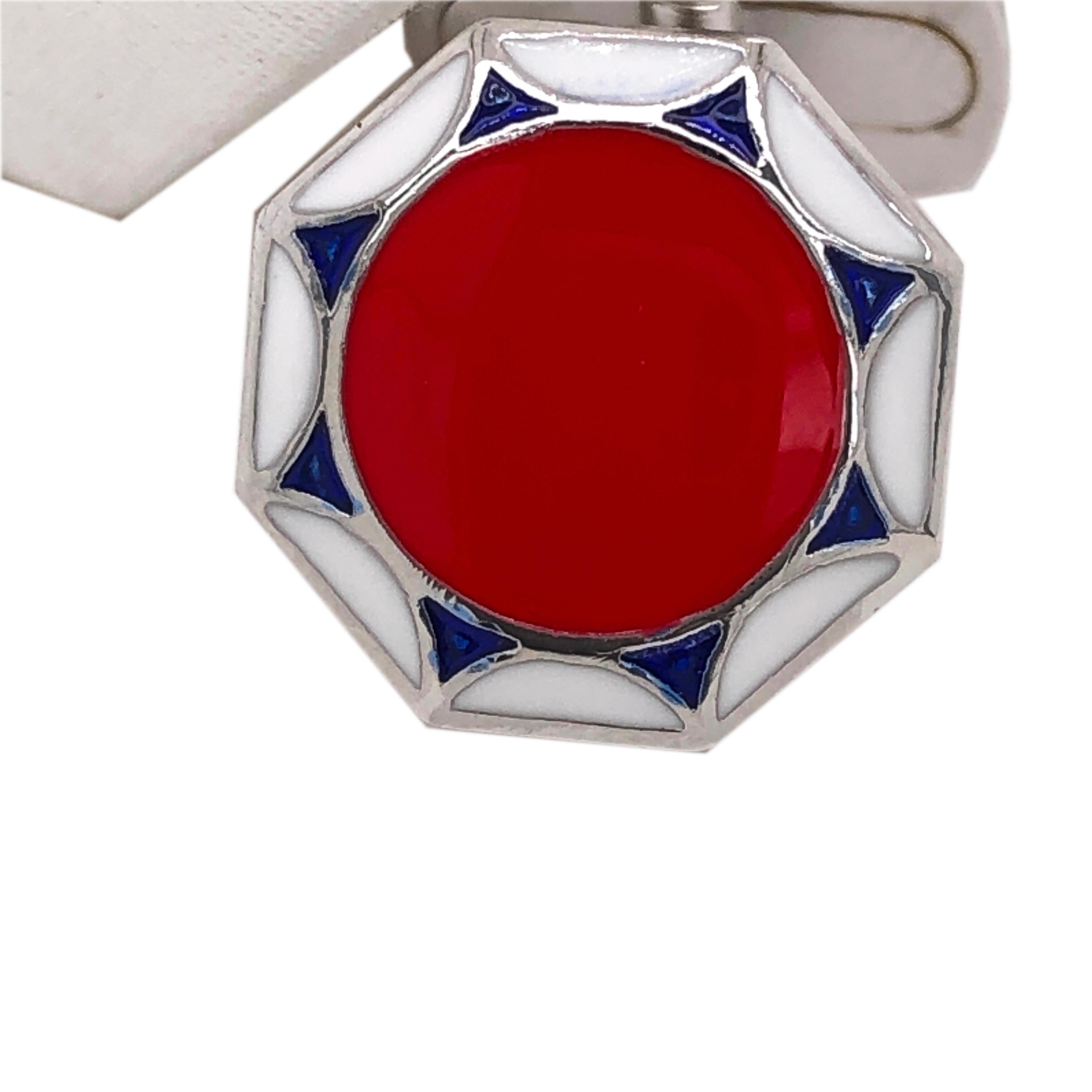 Berca Red White Navy Blue Hand Enameled Sterling Silver Cufflinks T-Bar Back 5