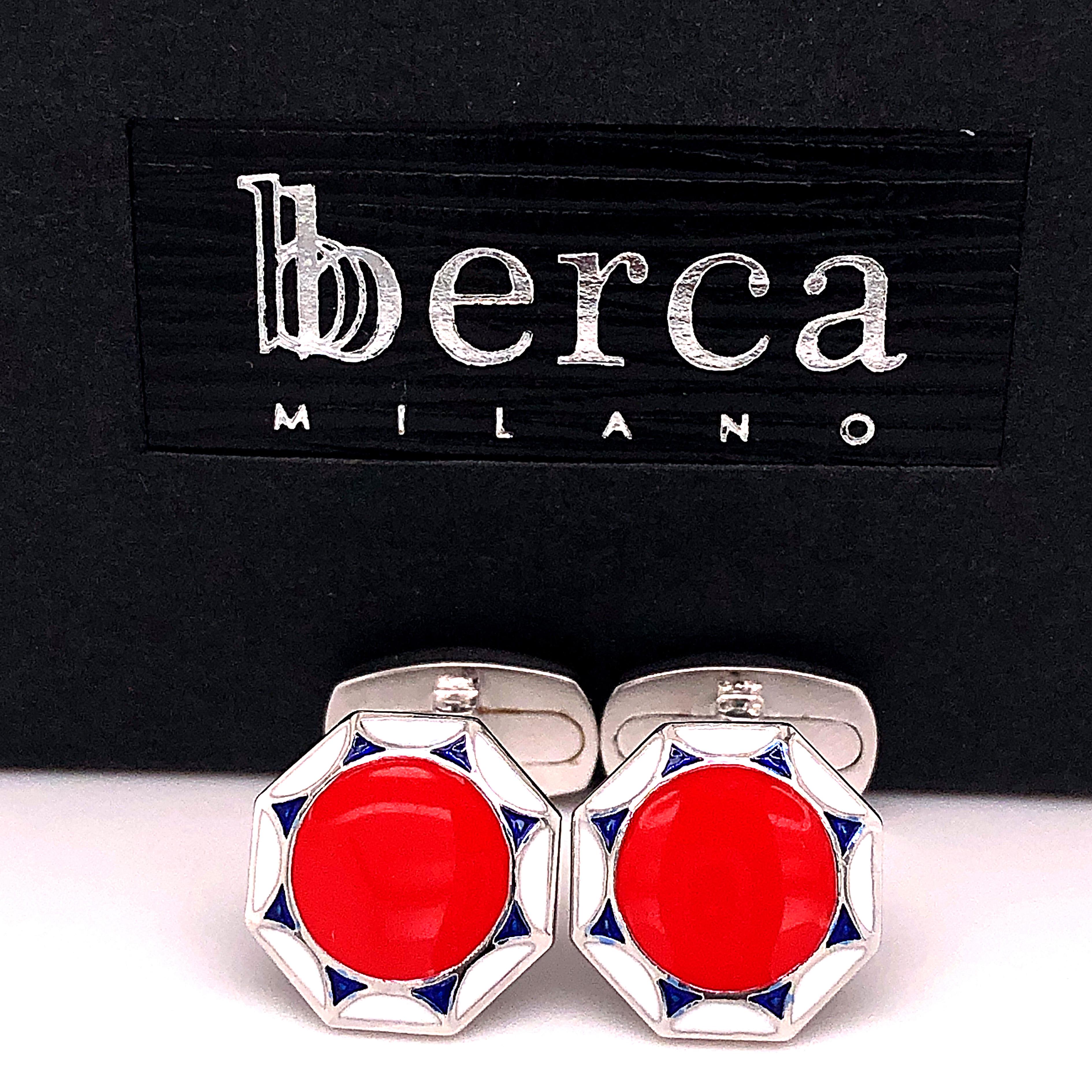Chic yet Timeless Octagonal White, Navy Blue, Light Blue Hand Enamelled Sterling Silver Cufflinks, T-bar back.
In our Smart Black Box and Pouch.

Front Diameter about 0.55 inches.