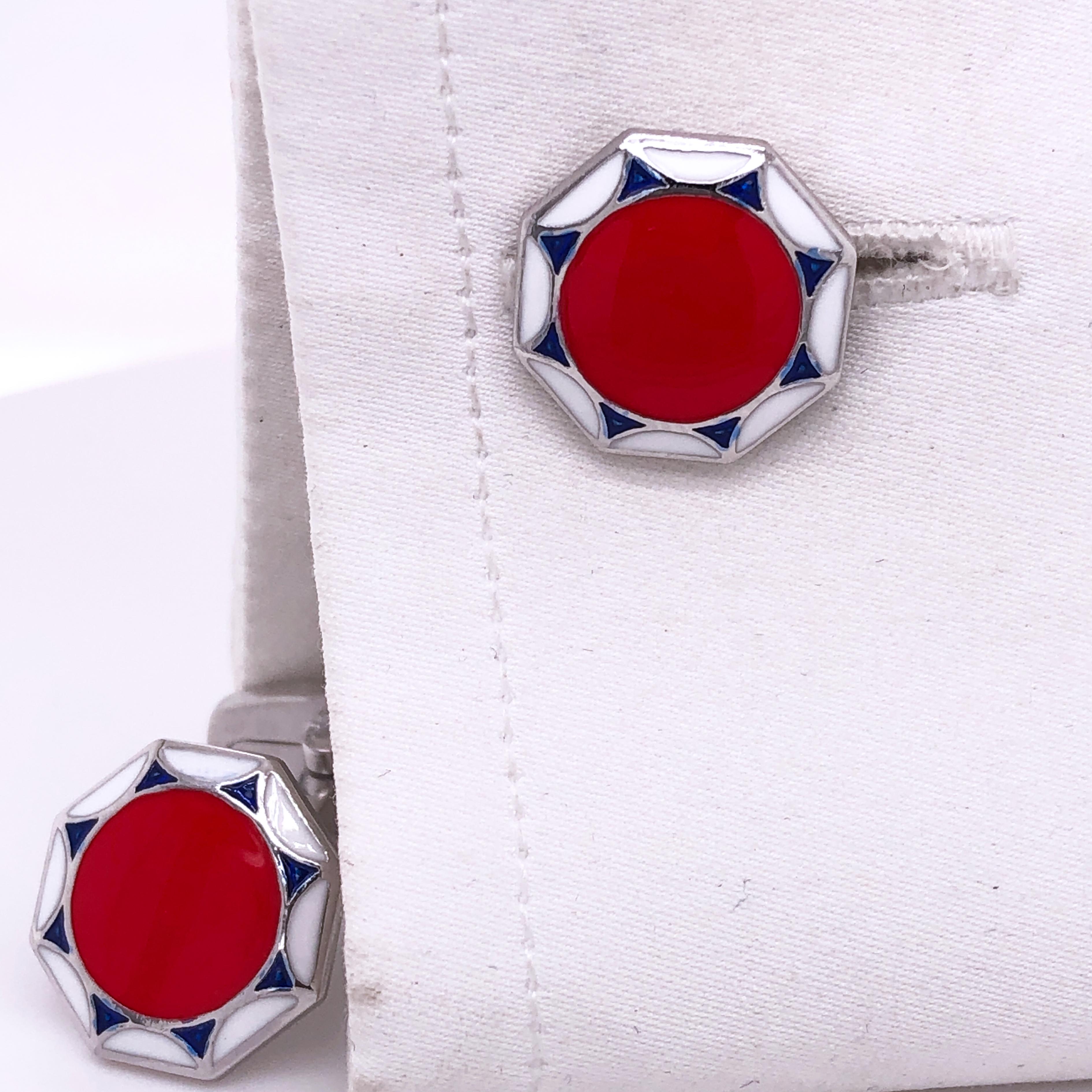 Contemporary Berca Red White Navy Blue Hand Enameled Sterling Silver Cufflinks T-Bar Back