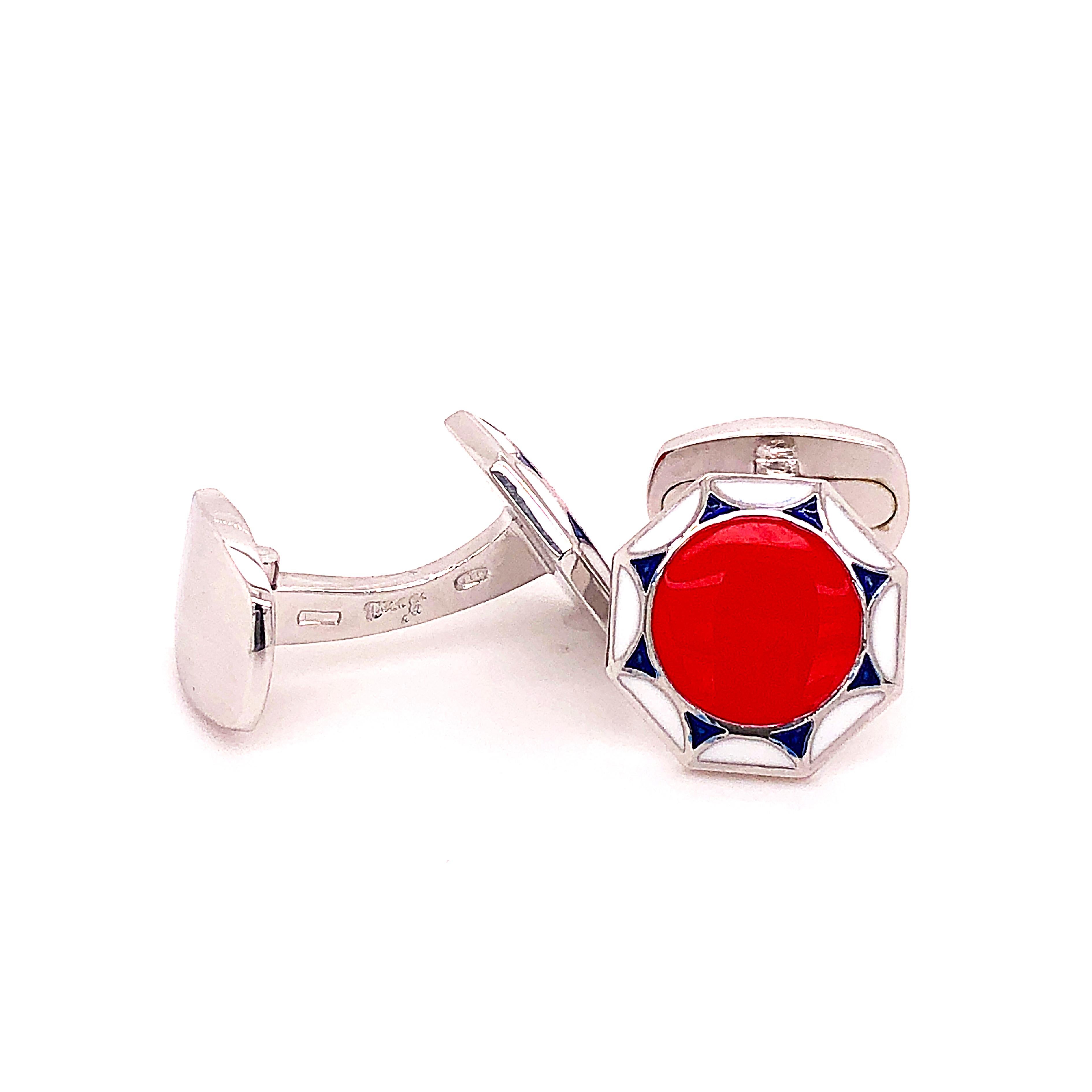 Berca Red White Navy Blue Hand Enameled Sterling Silver Cufflinks T-Bar Back In New Condition In Valenza, IT