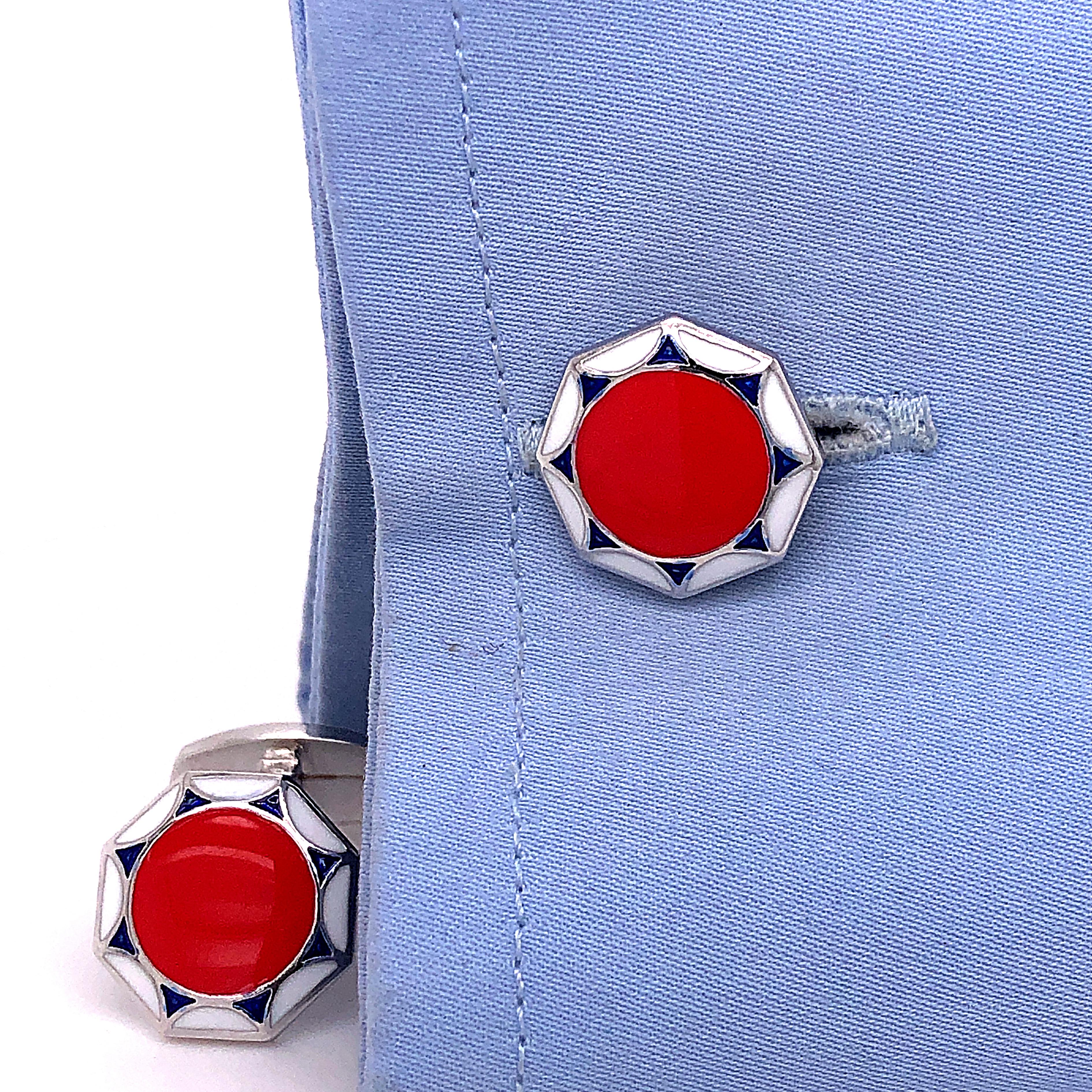 Men's Berca Red White Navy Blue Hand Enameled Sterling Silver Cufflinks T-Bar Back