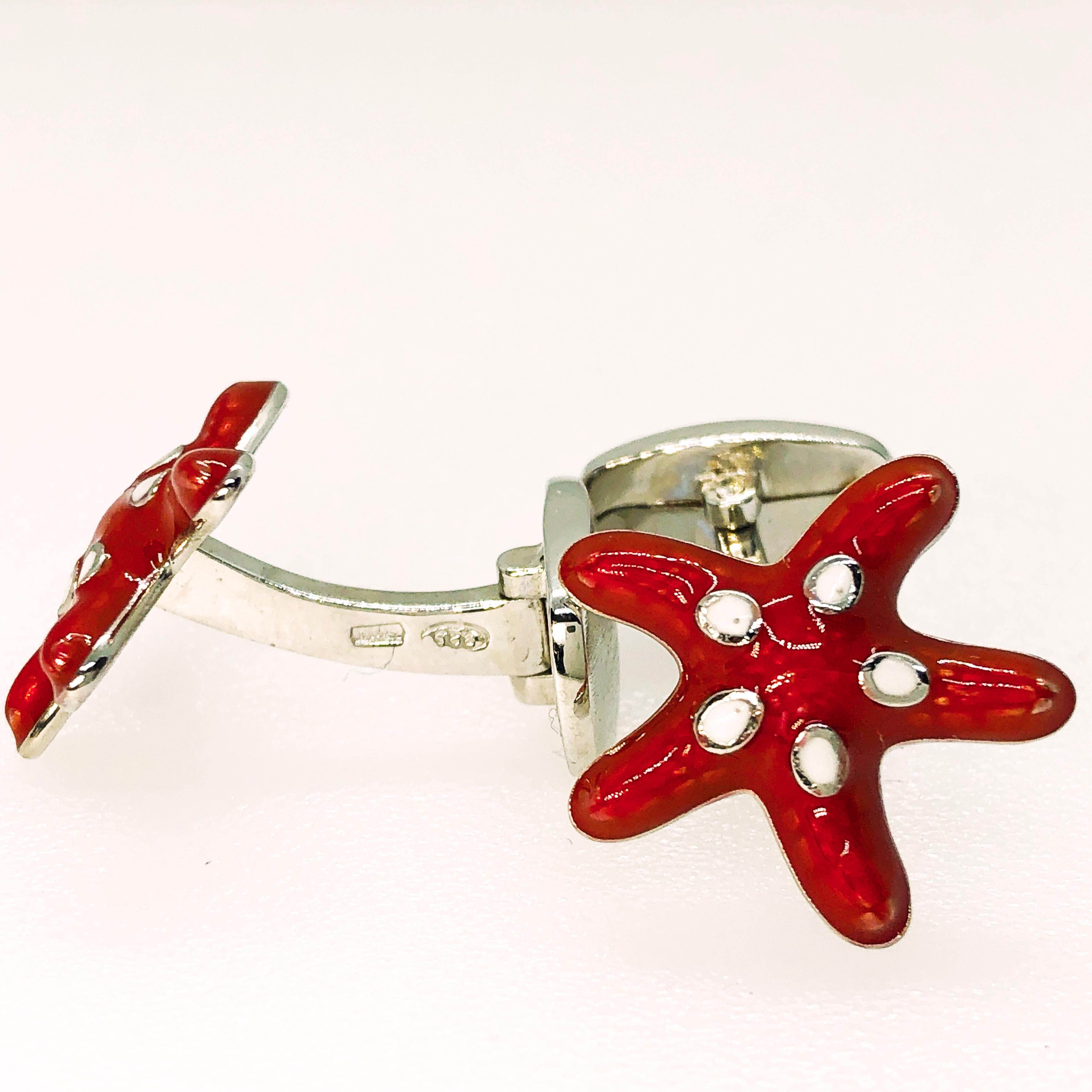 Berca Red White Spotted Hand Enameled Starfish Shaped Sterling Silver Cufflinks For Sale 2
