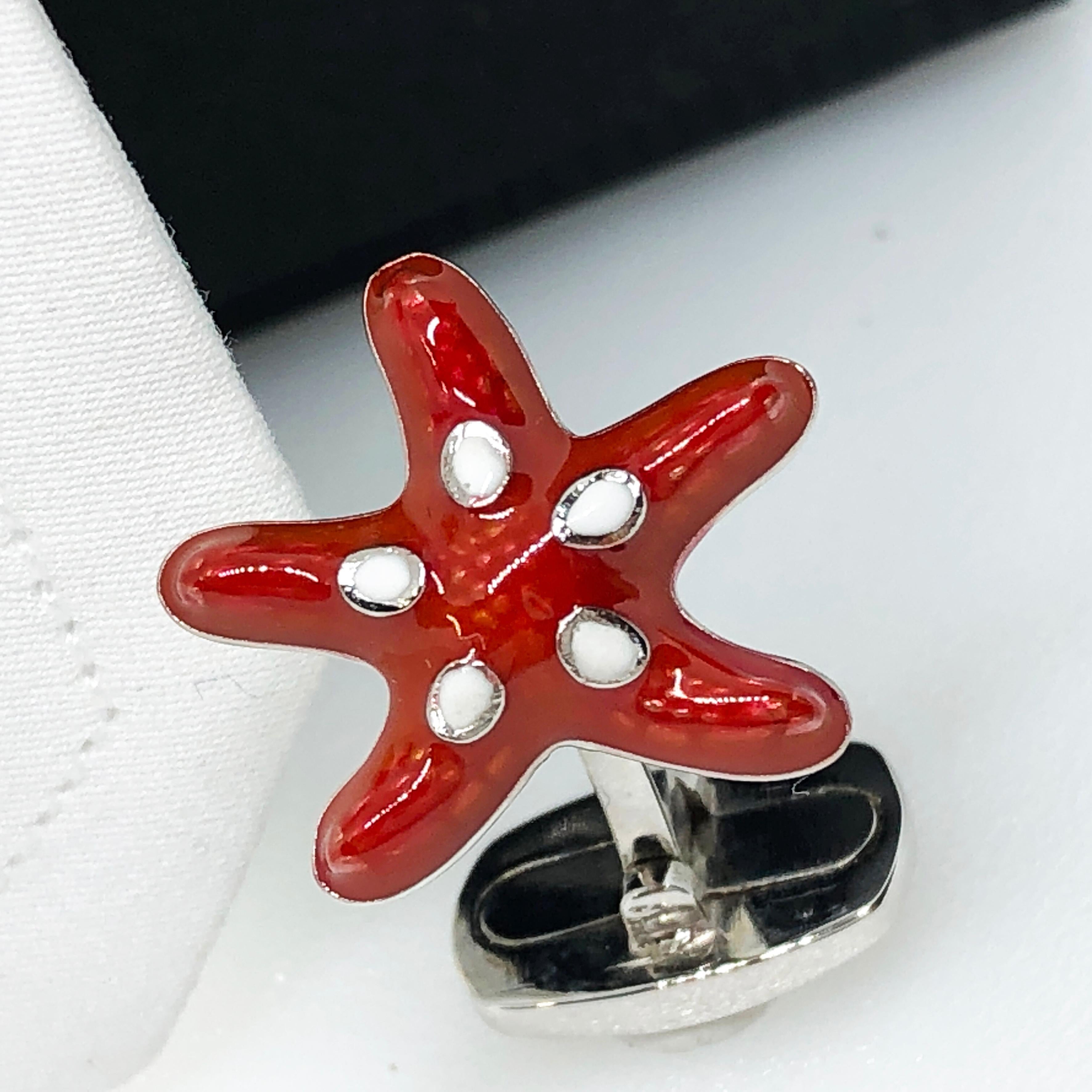 Unique and Chic Red and White Spotted Hand Enamelled Little Starfish Shaped T-Bar Back, Sterling Silver Cufflinks.
In our smart black box.

