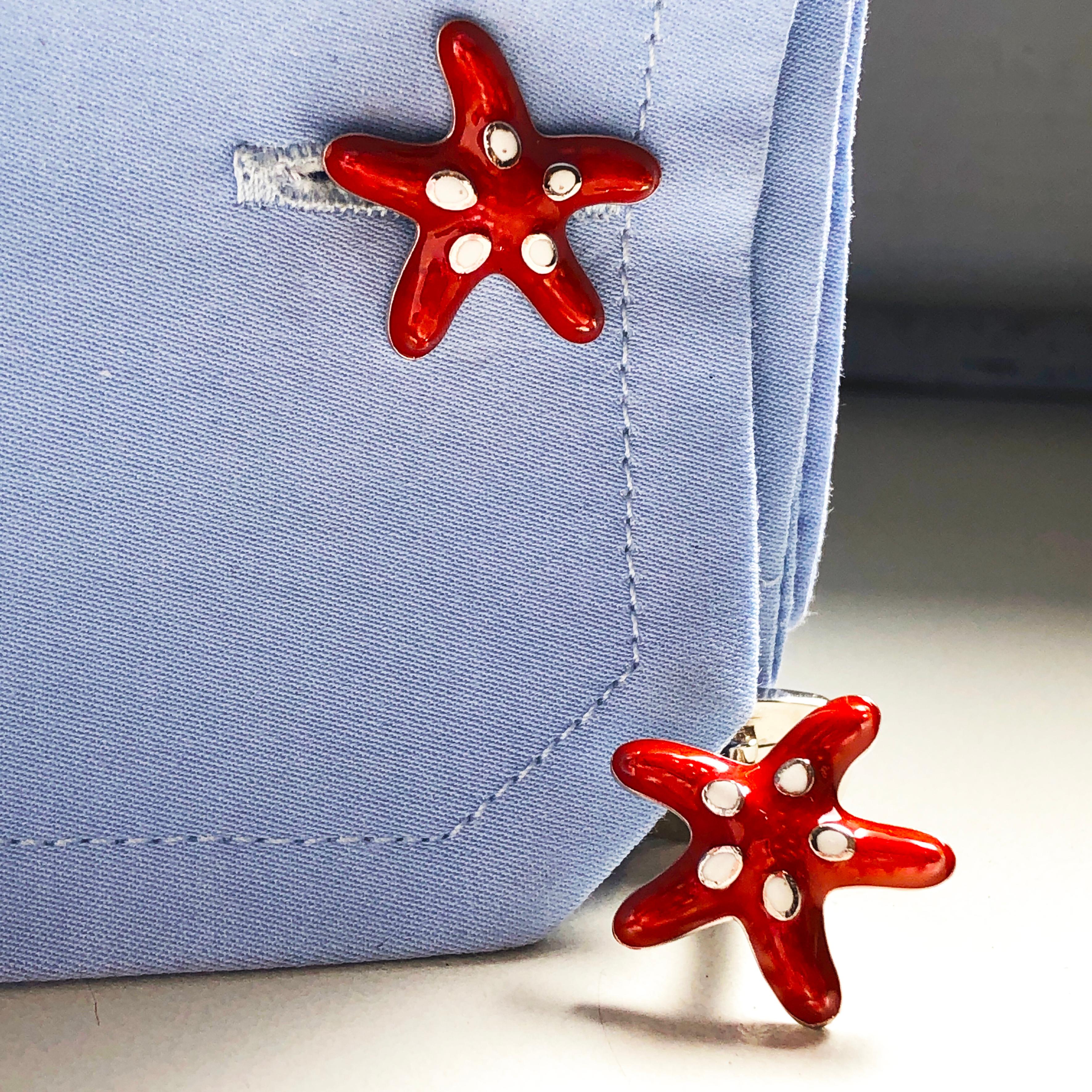 Contemporain Berca Boutons de manchette en forme d'étoile de mer en argent sterling émaillé à la main avec taches rouges et blanches en vente