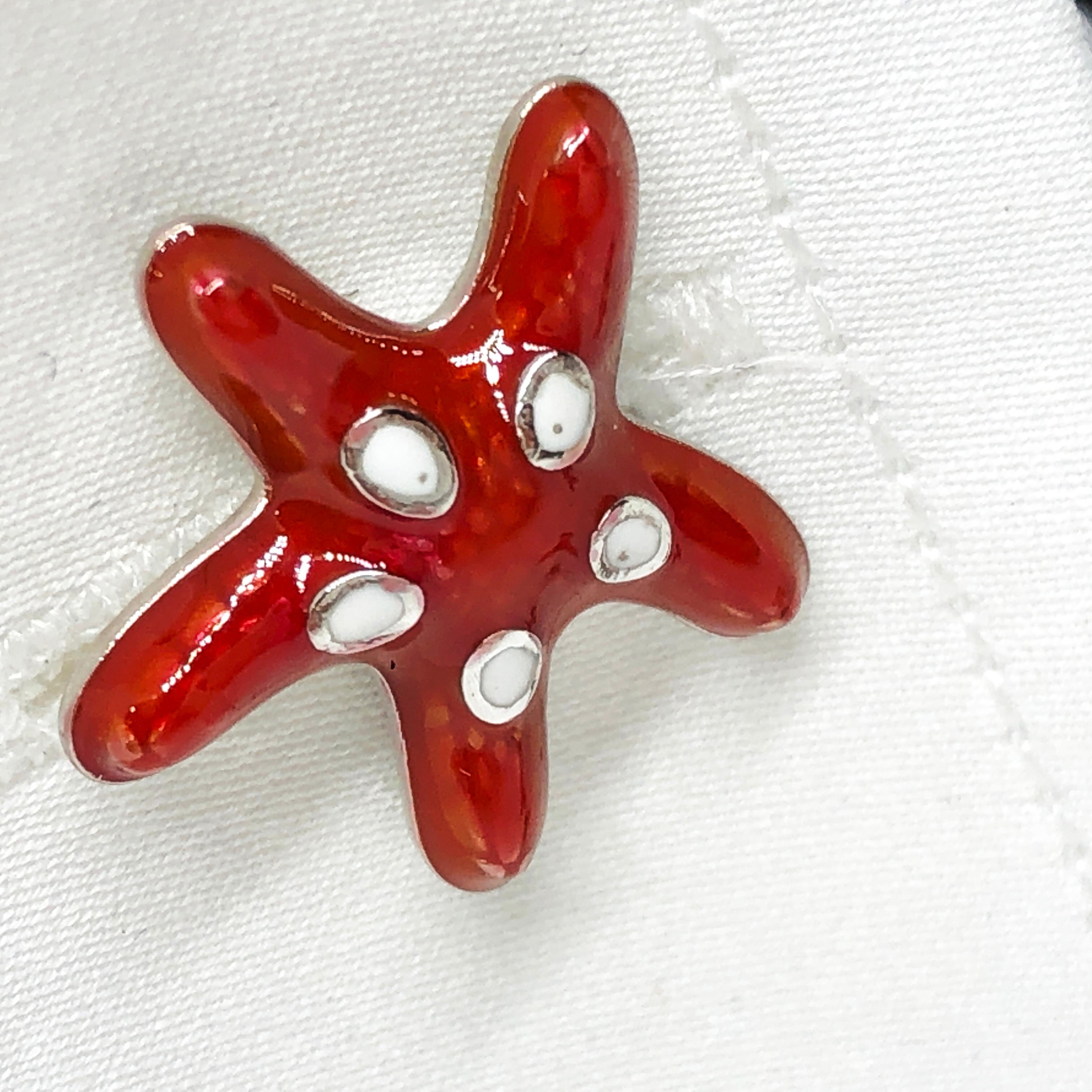 Berca Boutons de manchette en forme d'étoile de mer en argent sterling émaillé à la main avec taches rouges et blanches Neuf - En vente à Valenza, IT