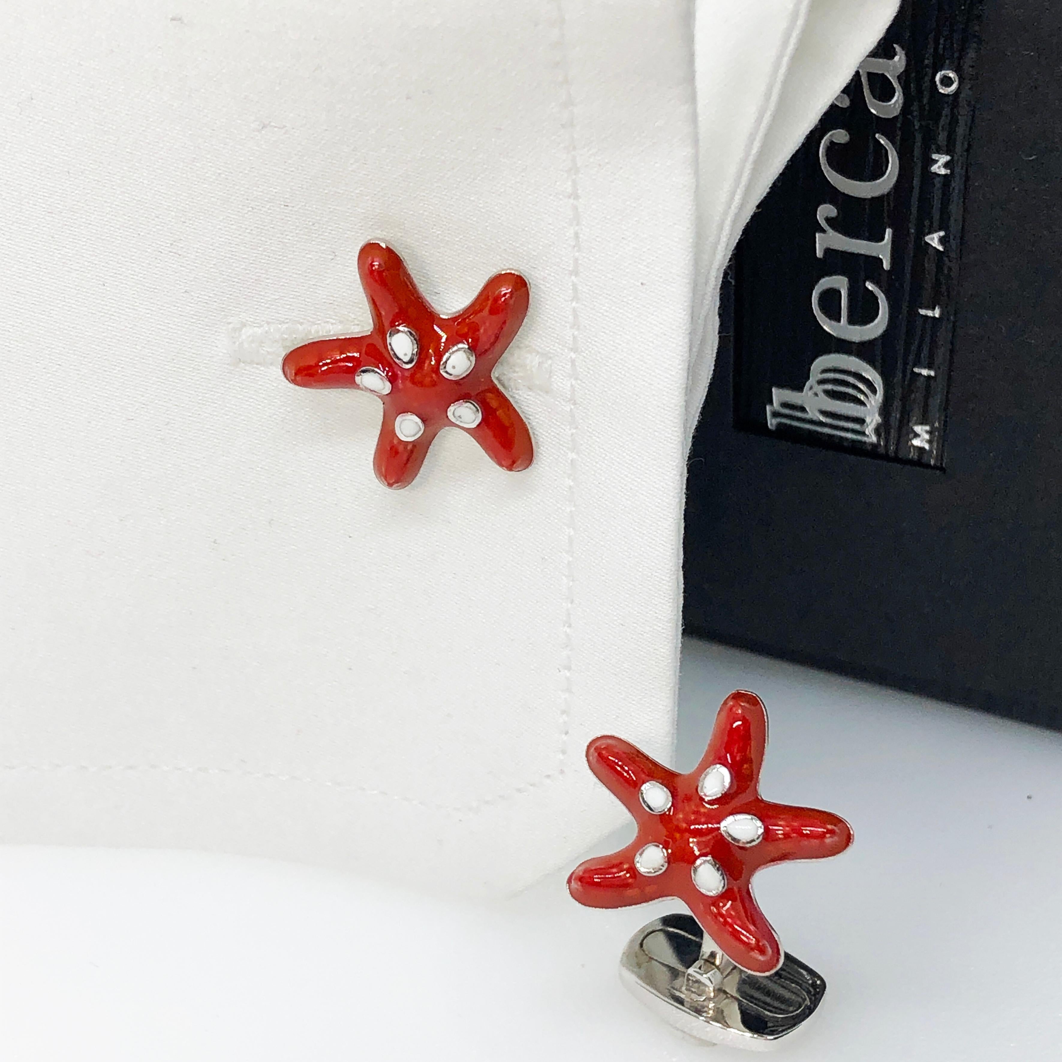 Contemporary Berca Red White Spotted Hand Enameled Starfish Shaped Sterling Silver Cufflinks For Sale