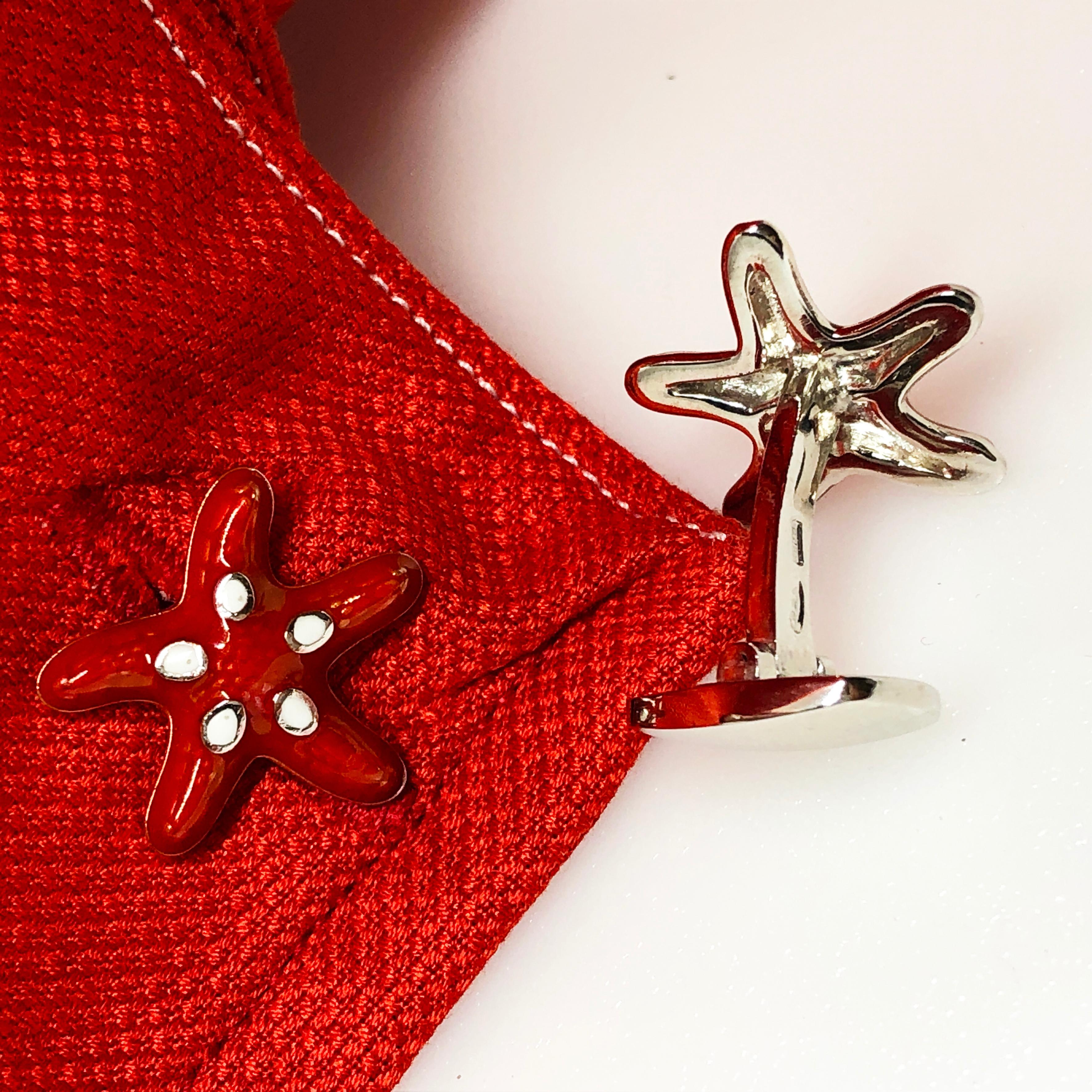 Berca Boutons de manchette en forme d'étoile de mer en argent sterling émaillé à la main avec taches rouges et blanches en vente 2