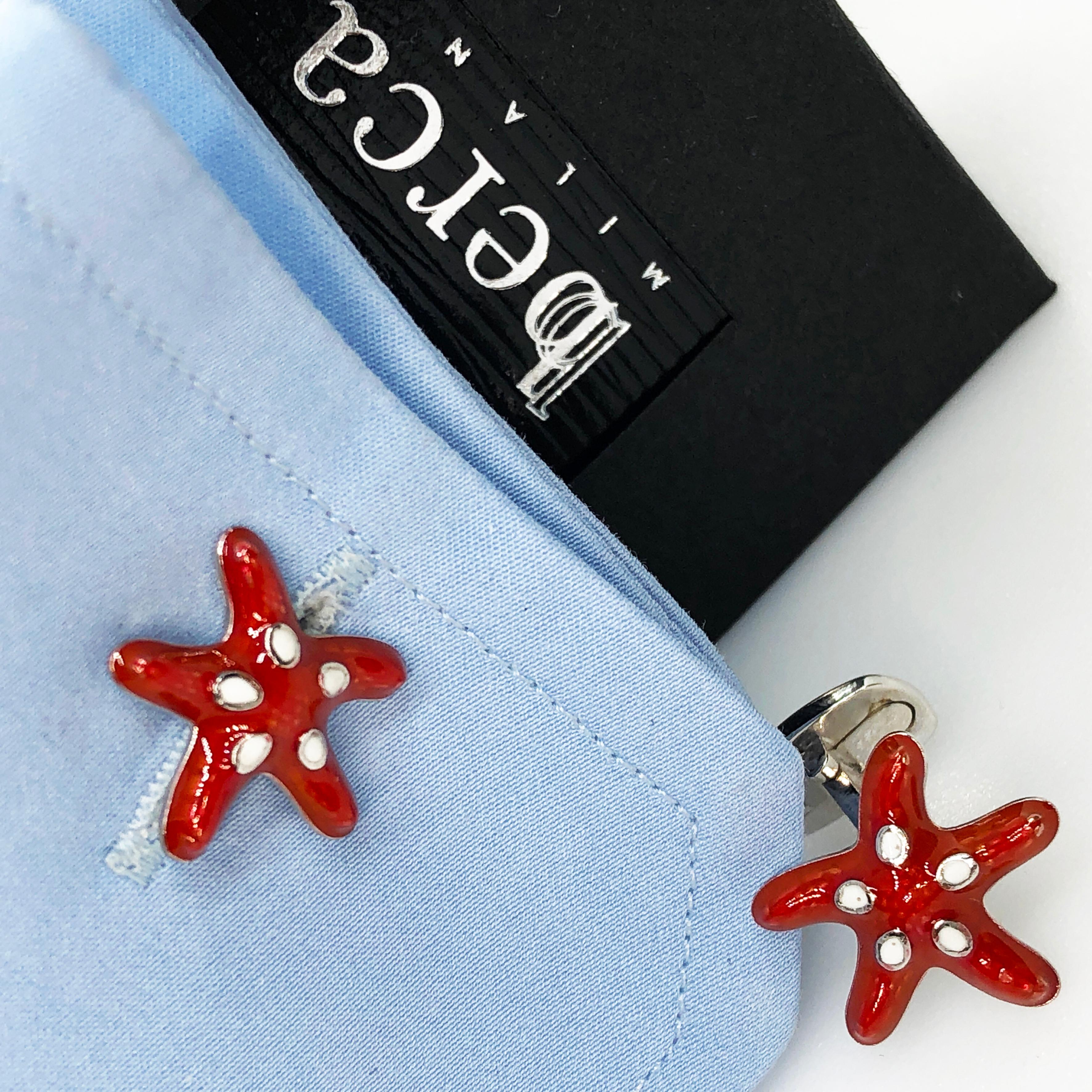 Berca Red White Spotted Hand Enameled Starfish Shaped Sterling Silver Cufflinks For Sale 1